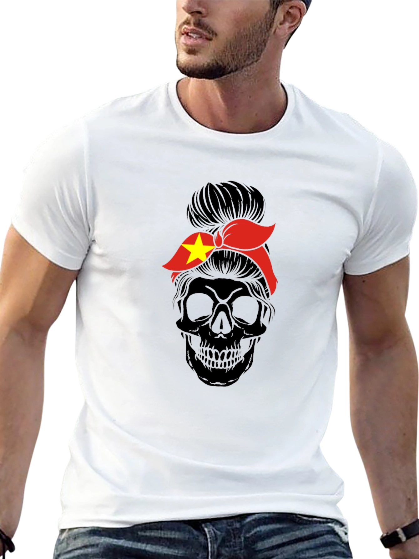 Skull Messy Bun Vietnam Flag T-Shirt