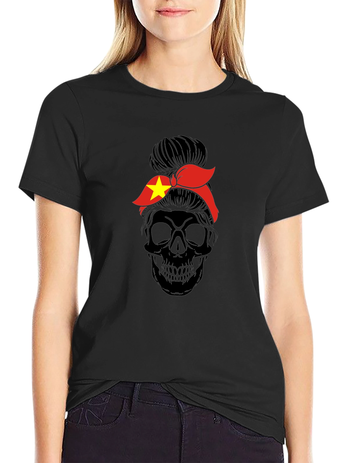 Skull Messy Bun Vietnam Flag T-Shirt