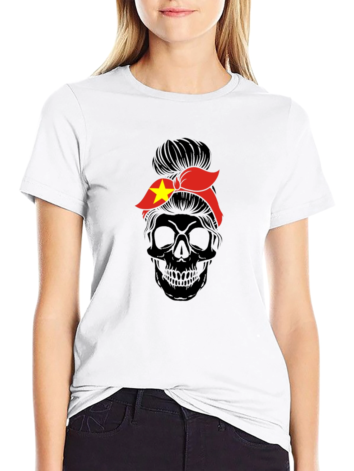Skull Messy Bun Vietnam Flag T-Shirt