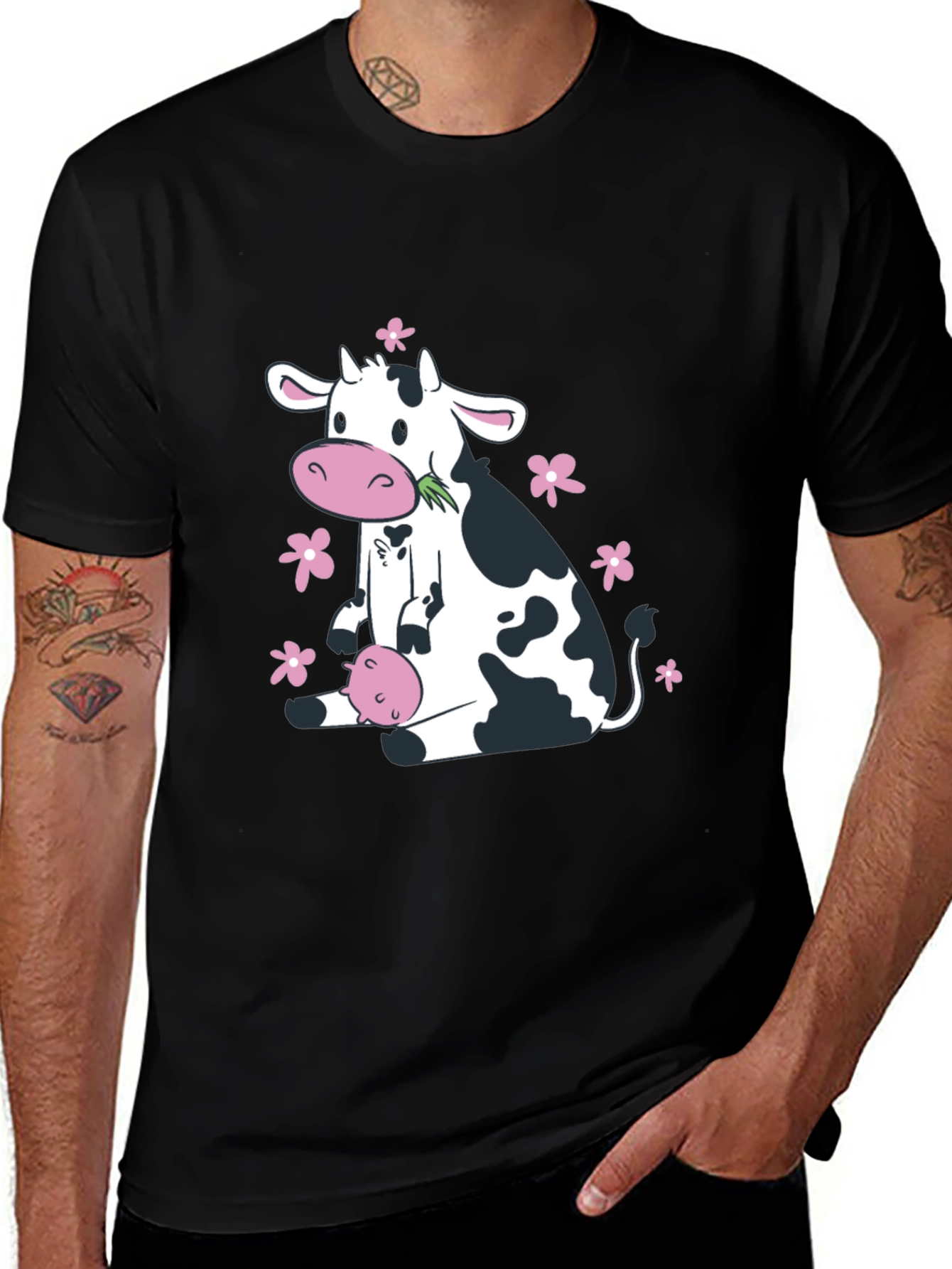 Cute Cow & Floral Black T-Shirt - Unisex