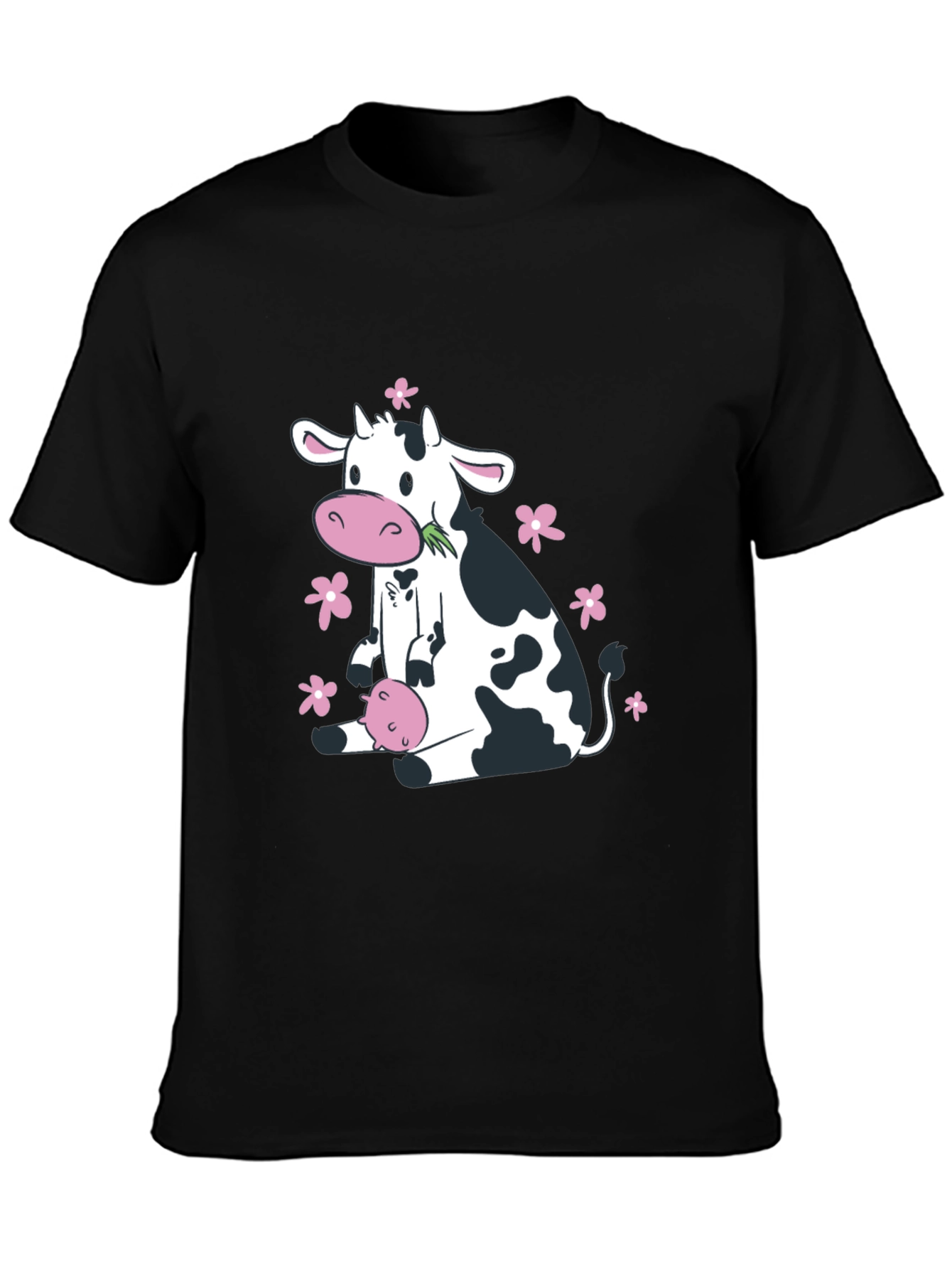 Cute Cow & Floral Black T-Shirt - Unisex