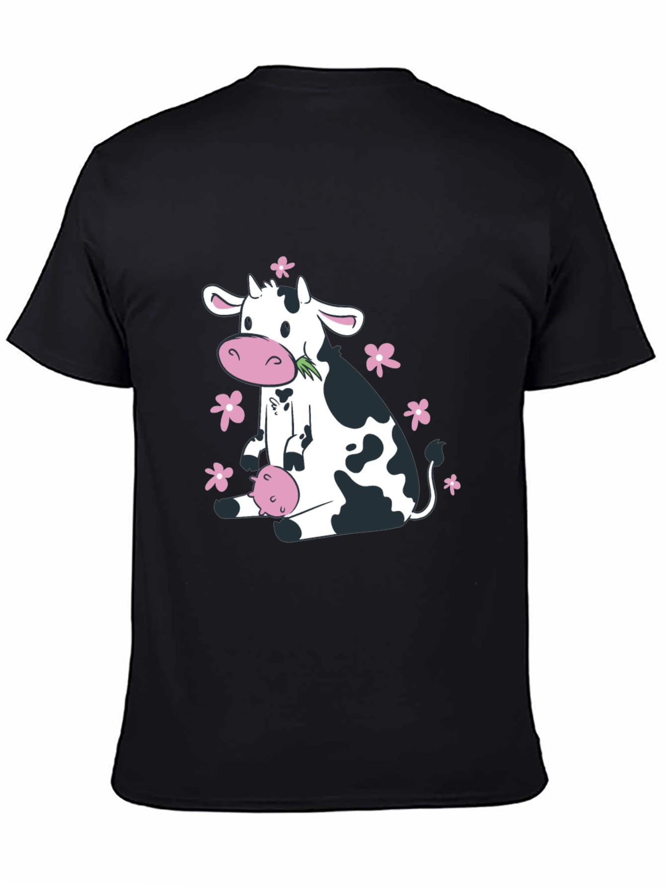 Cute Cow & Floral Black T-Shirt - Unisex