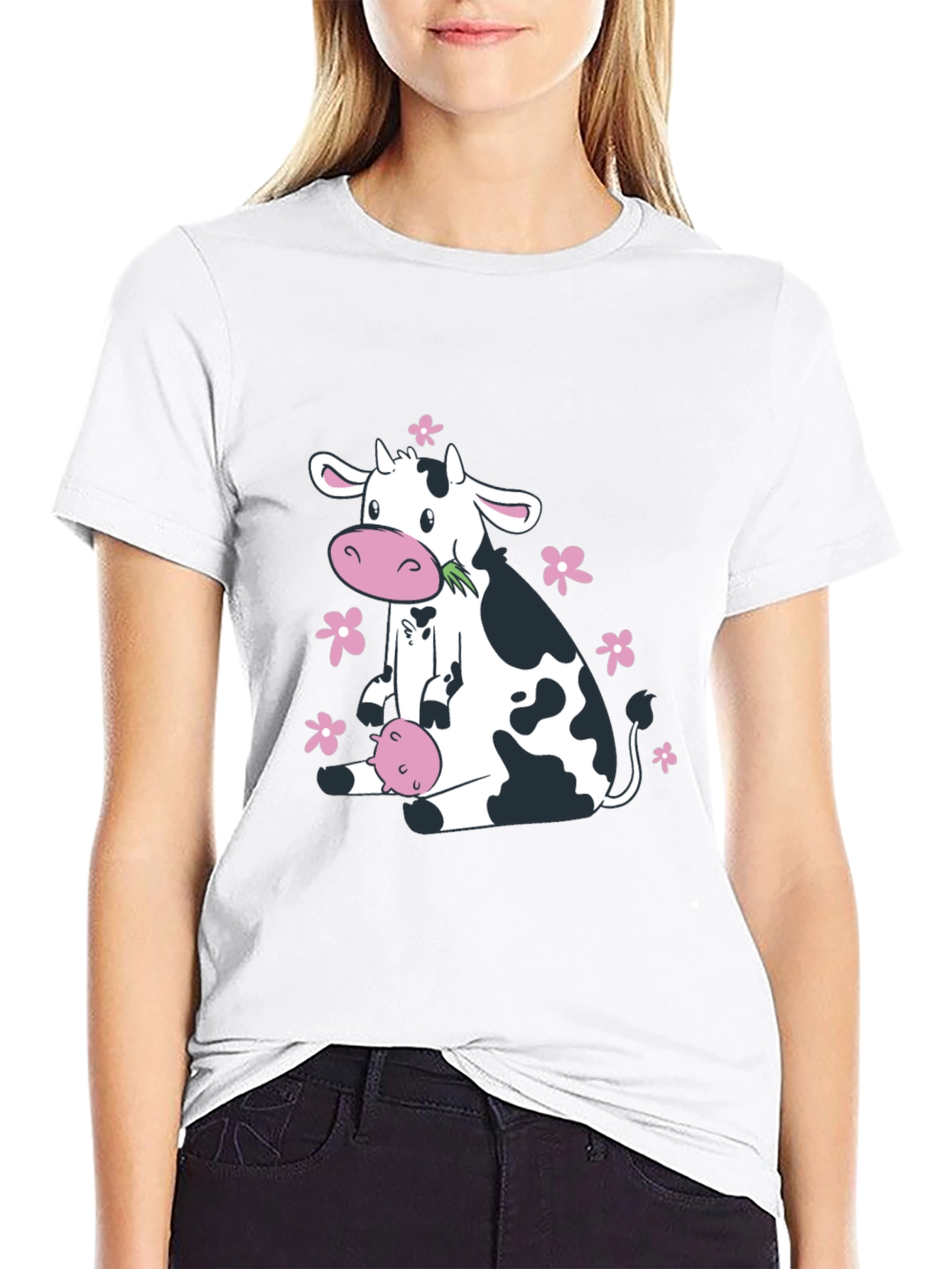 Cute Cow & Floral Black T-Shirt - Unisex
