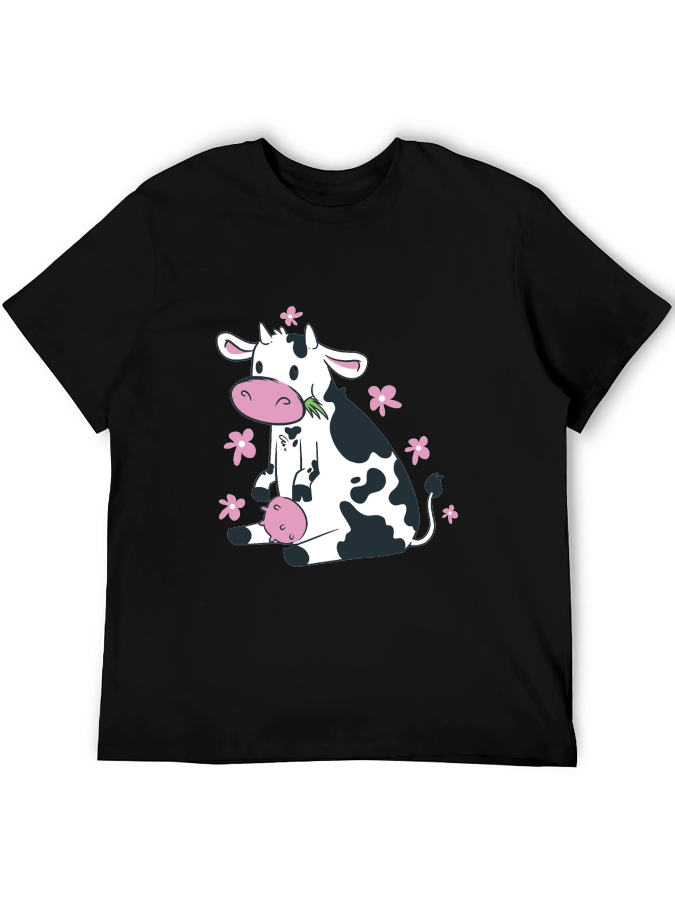 Cute Cow & Floral Black T-Shirt - Unisex