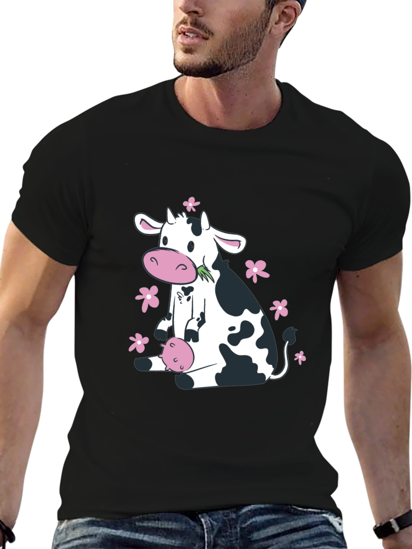 Cute Cow & Floral Black T-Shirt - Unisex
