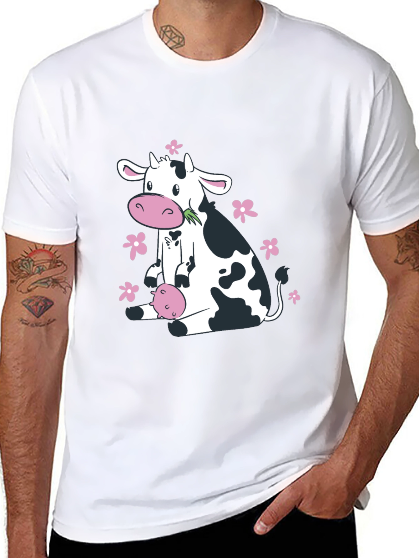Cute Cow & Floral Black T-Shirt - Unisex