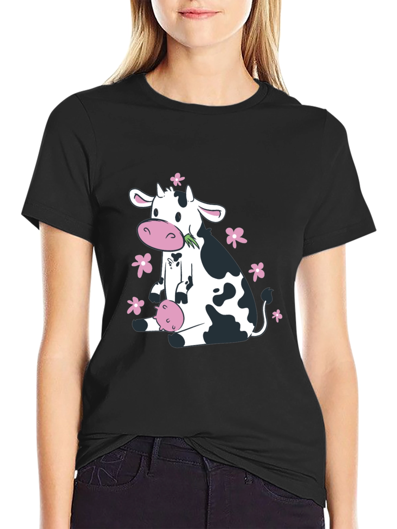 Cute Cow & Floral Black T-Shirt - Unisex