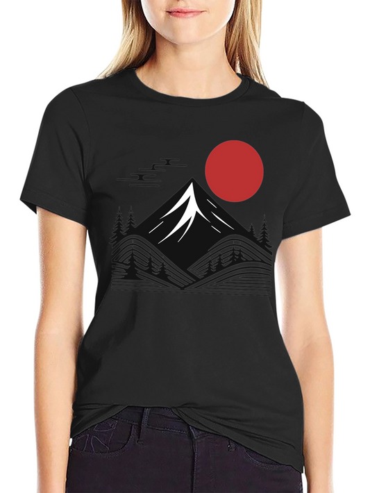 Black T-Shirt with Minimalist Mountain and Sun Graphic