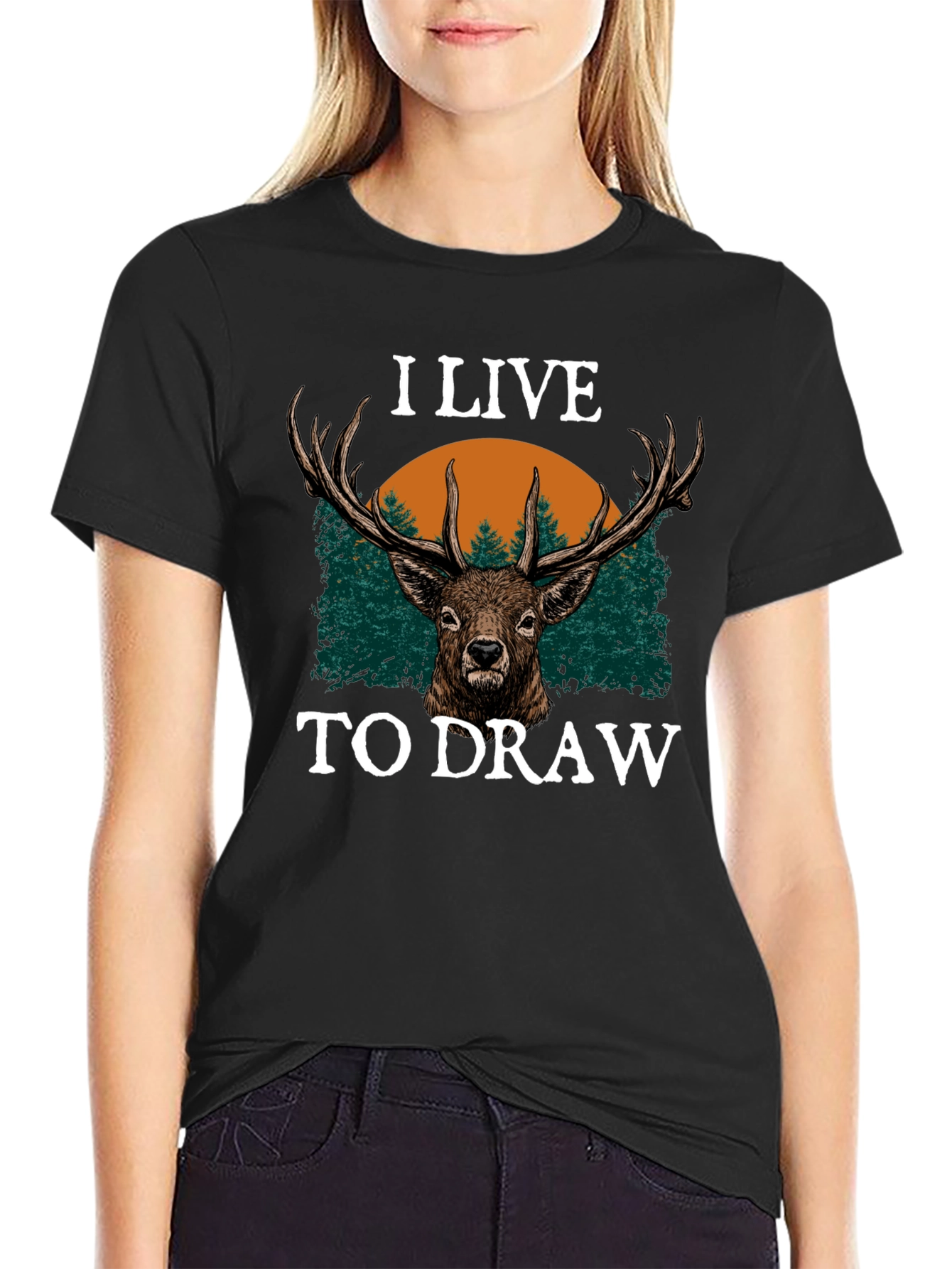 I Live to Draw Deer Graphic T-Shirt - Black
