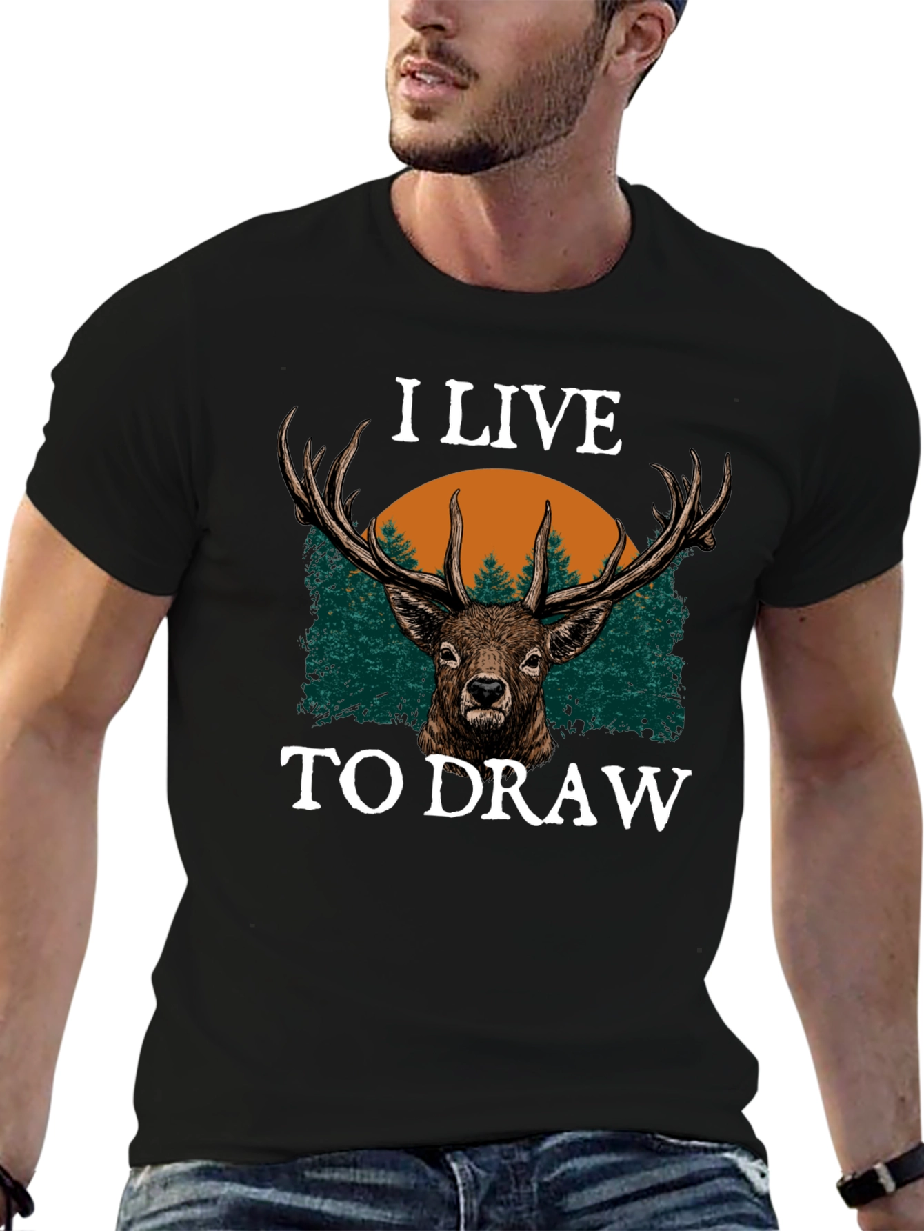 I Live to Draw Deer Graphic T-Shirt - Black