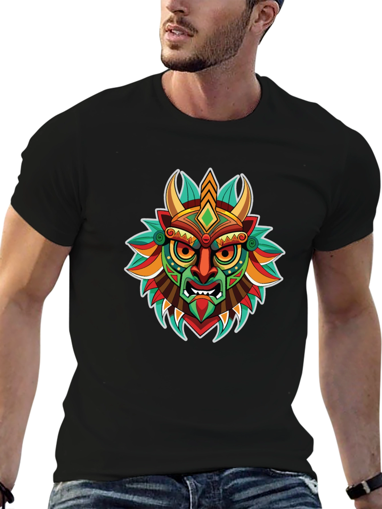 Tribal Mask Graphic T-Shirt - Unique Art Tee