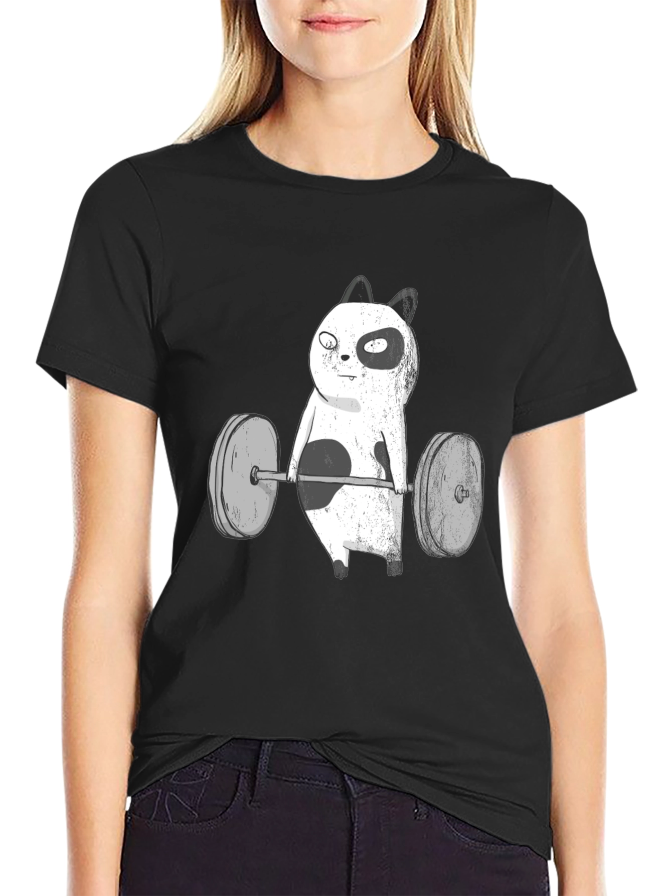 Funny Panda Bear Weightlifting Black T-Shirt