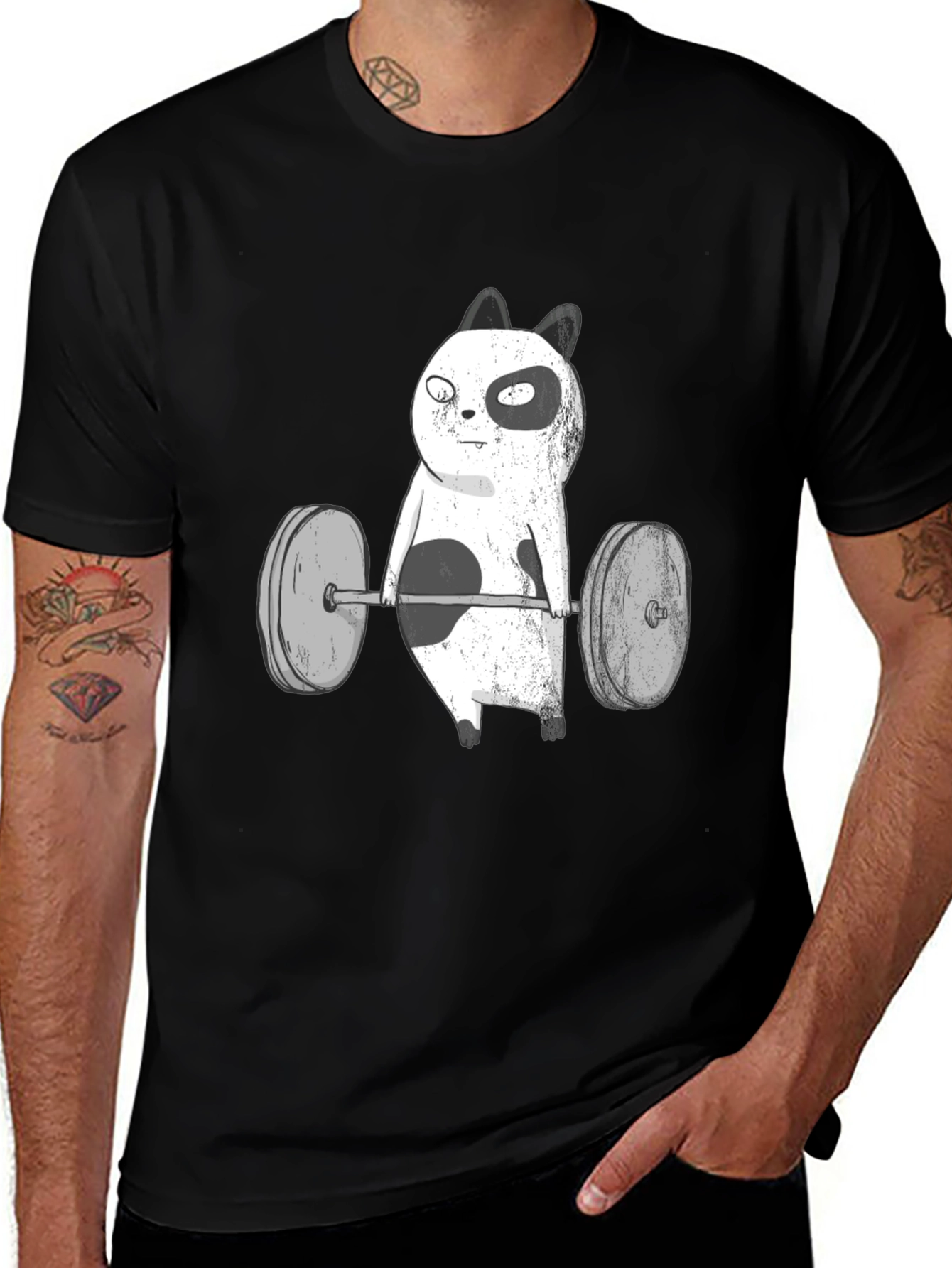 Funny Panda Bear Weightlifting Black T-Shirt