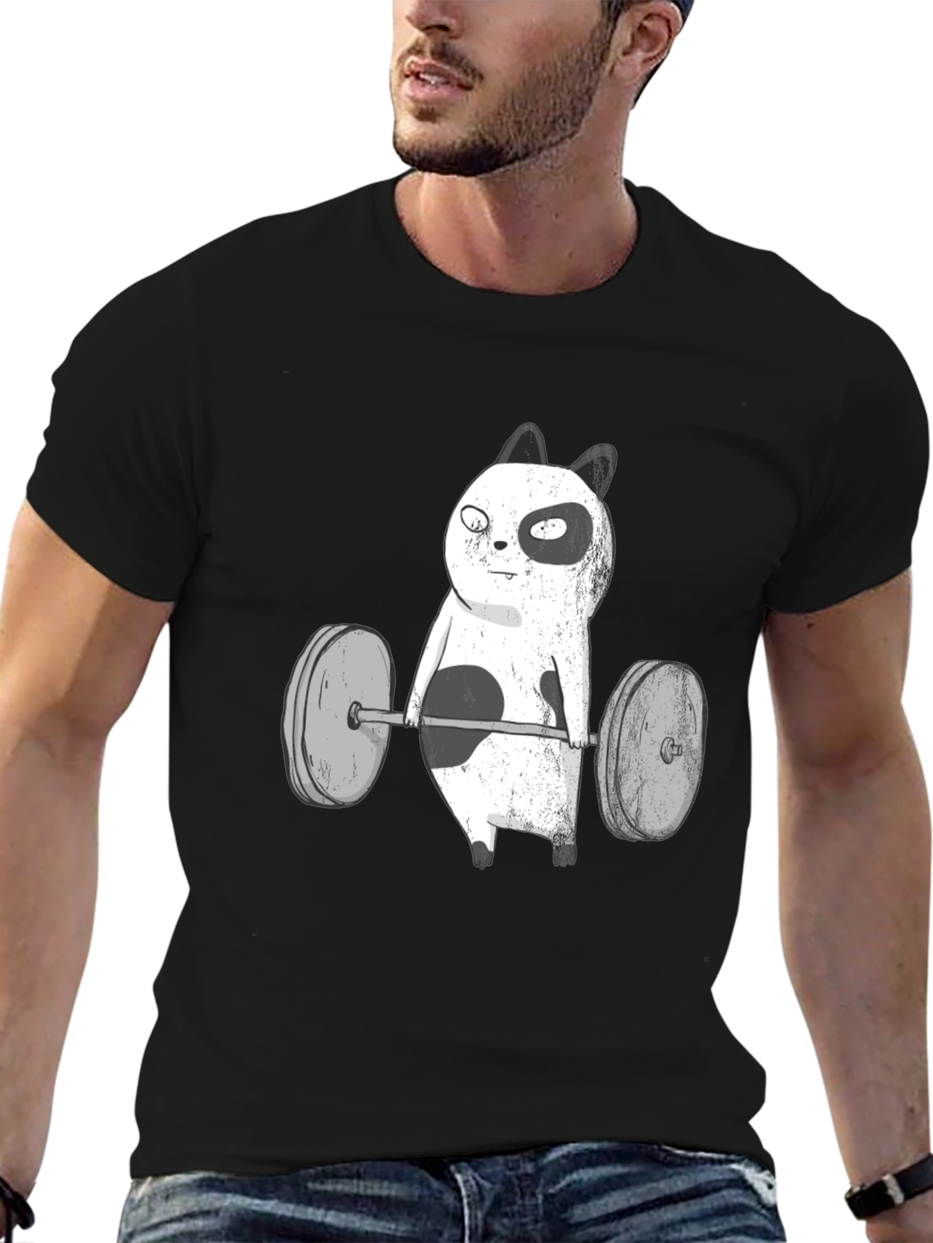 Funny Panda Bear Weightlifting Black T-Shirt