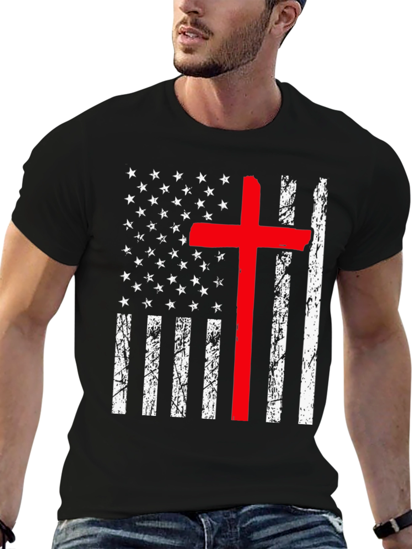 Distressed American Flag Red Cross Graphic T-Shirt