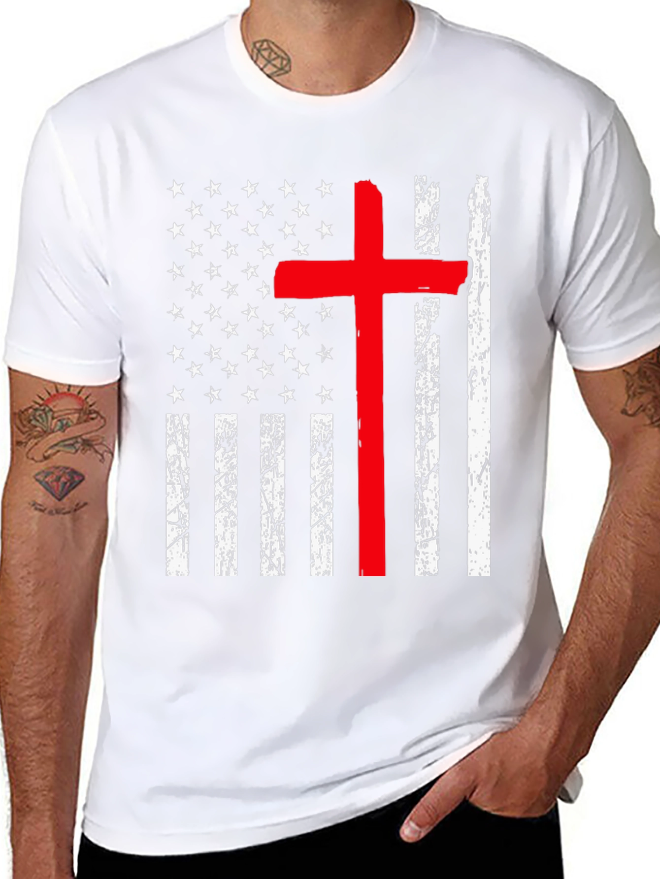 Distressed American Flag Red Cross Graphic T-Shirt