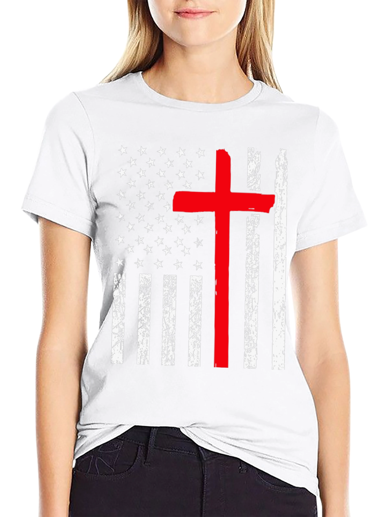 Distressed American Flag Red Cross Graphic T-Shirt