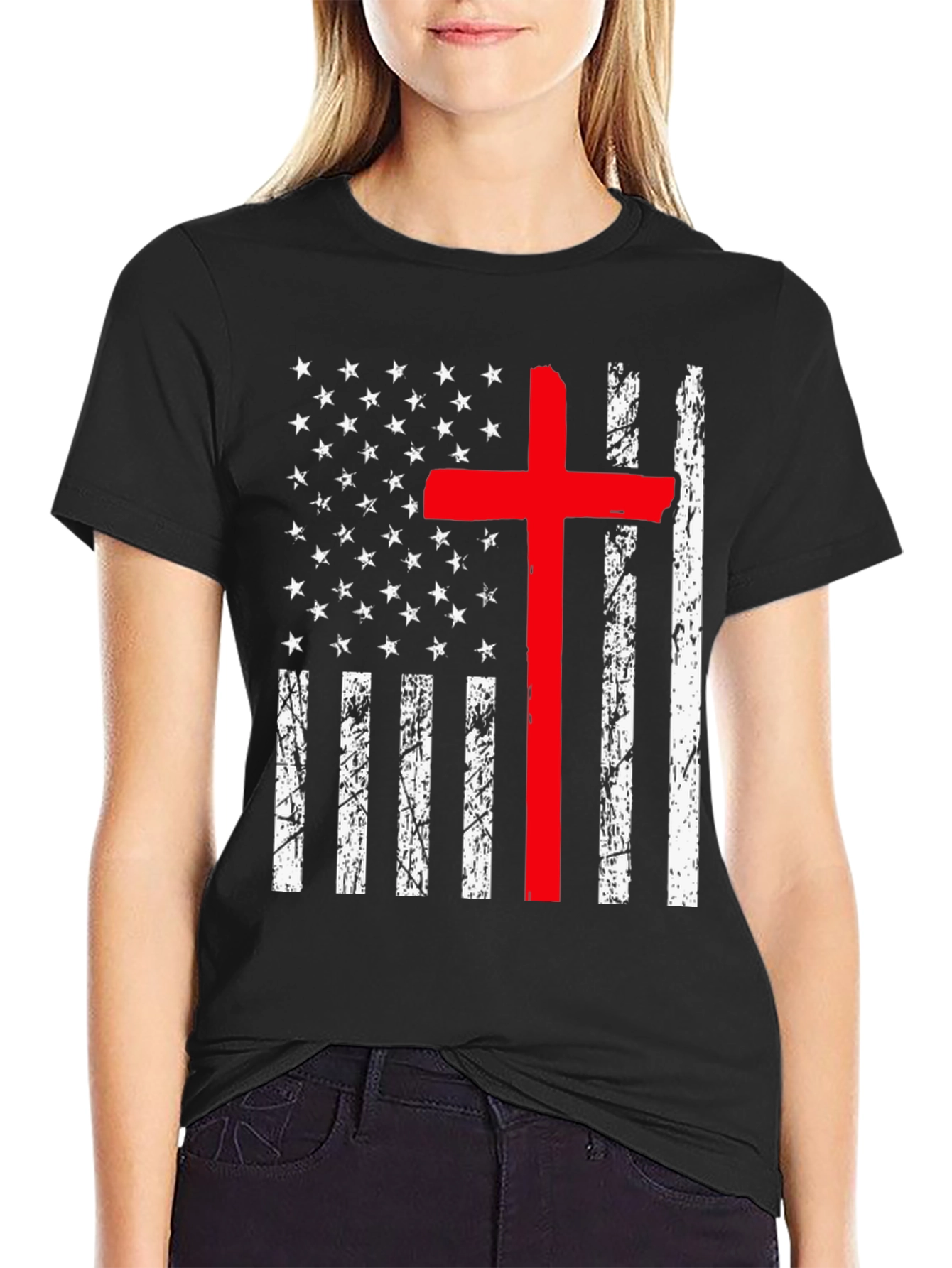 Distressed American Flag Red Cross Graphic T-Shirt