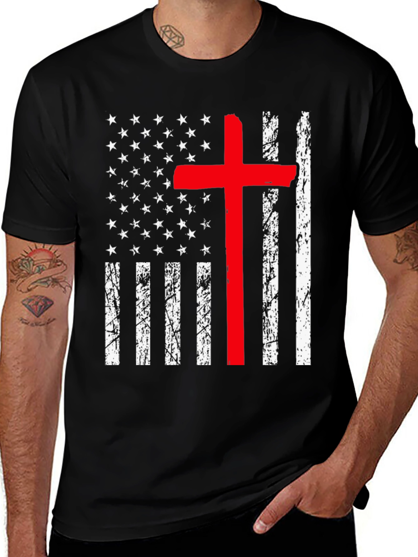 Distressed American Flag Red Cross Graphic T-Shirt
