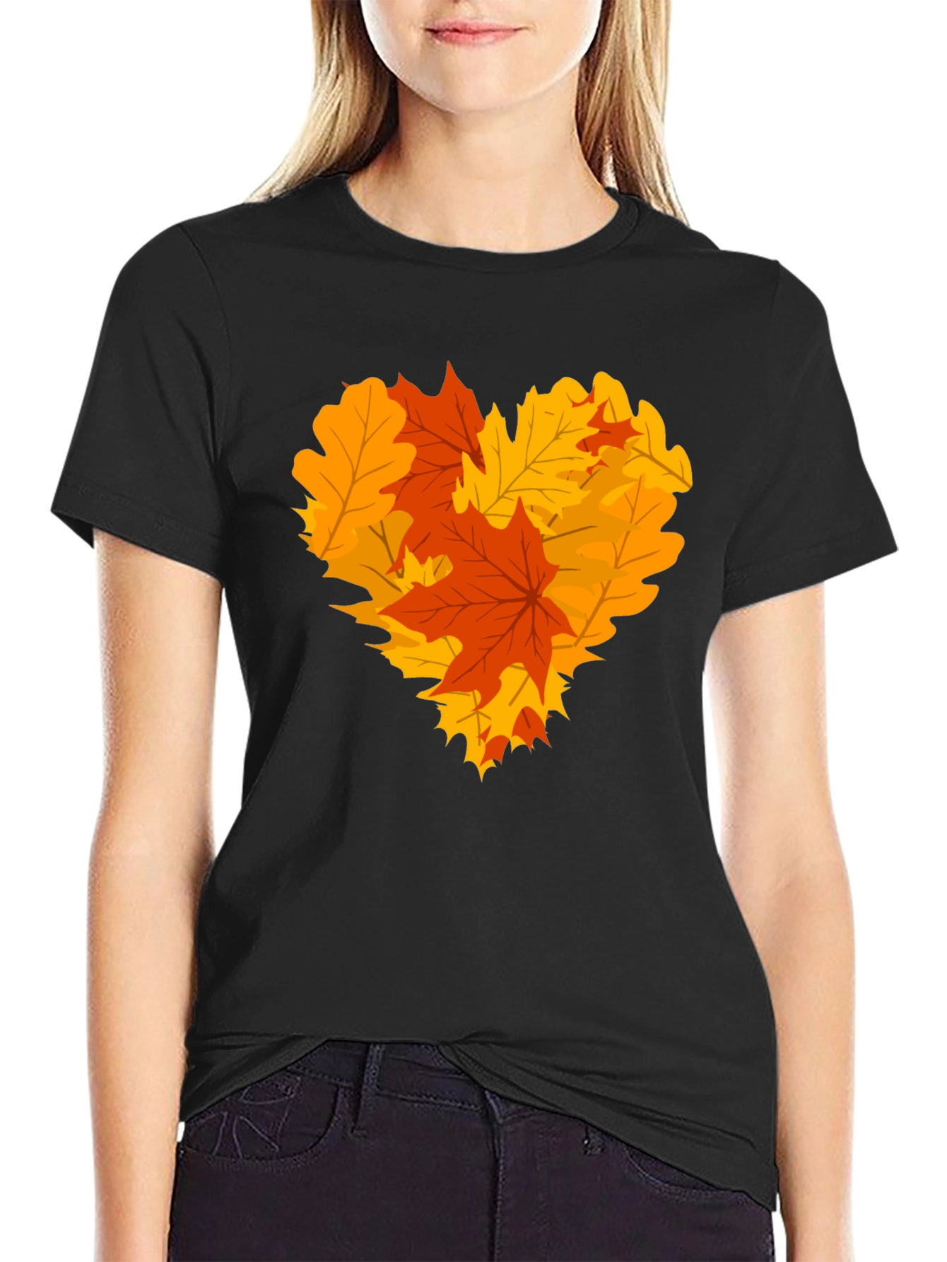 Autumn Leaves Heart Graphic T-Shirt - Fall Fashion