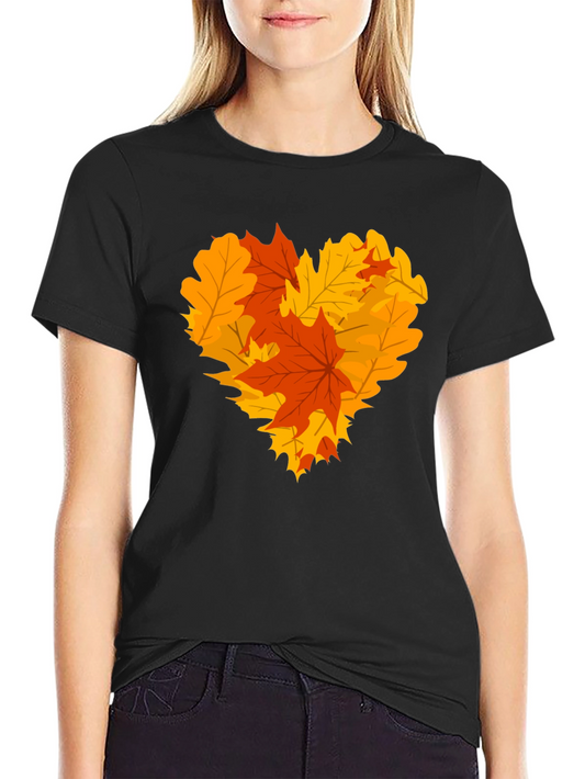 Autumn Leaves Heart Graphic T-Shirt - Fall Fashion