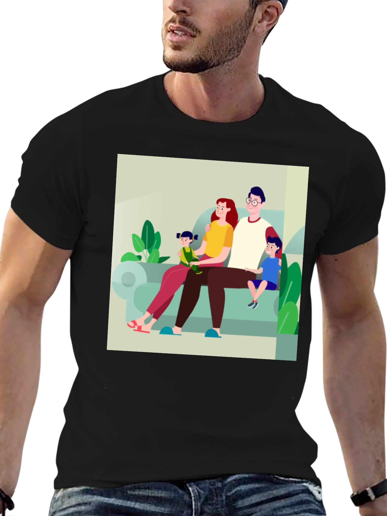 Family Cartoon Print Black T-Shirt