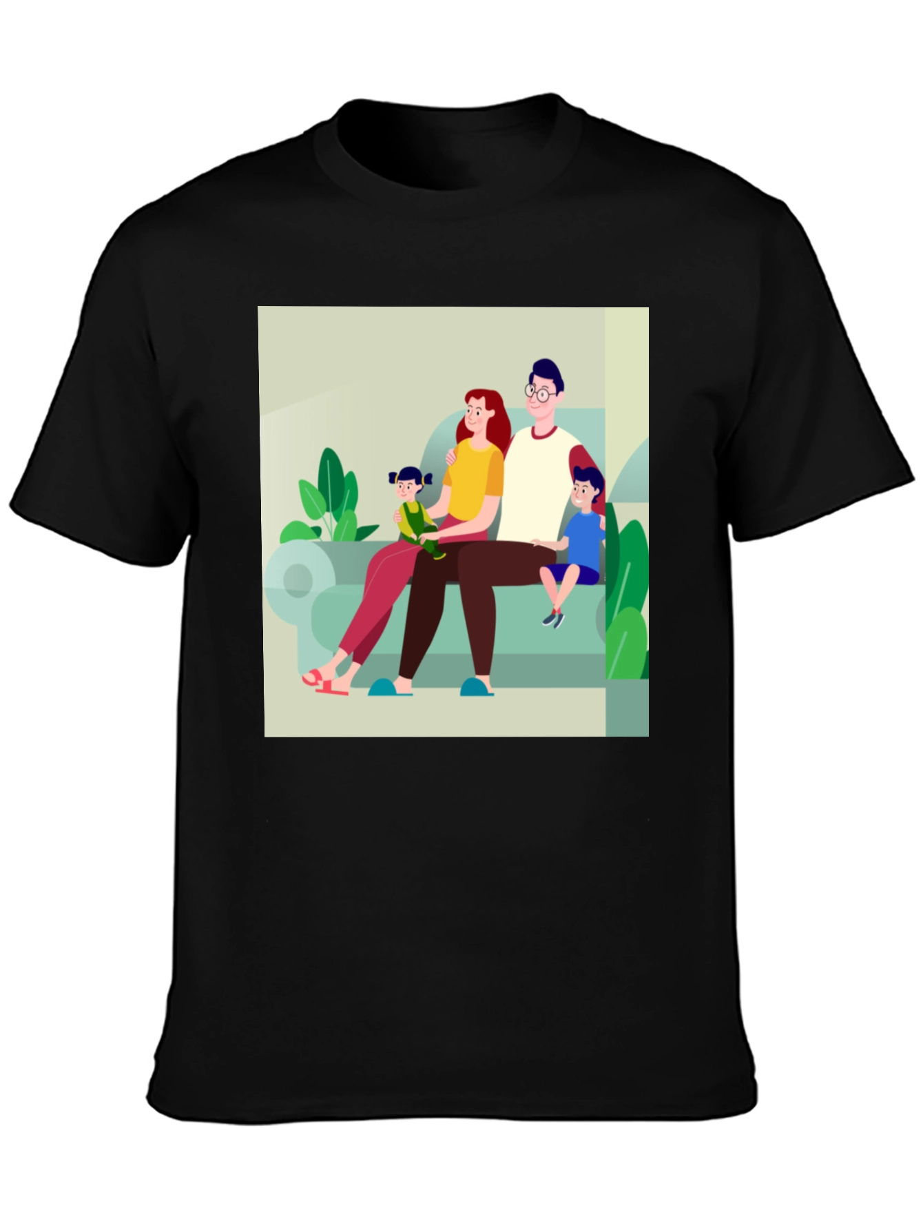 Family Cartoon Print Black T-Shirt