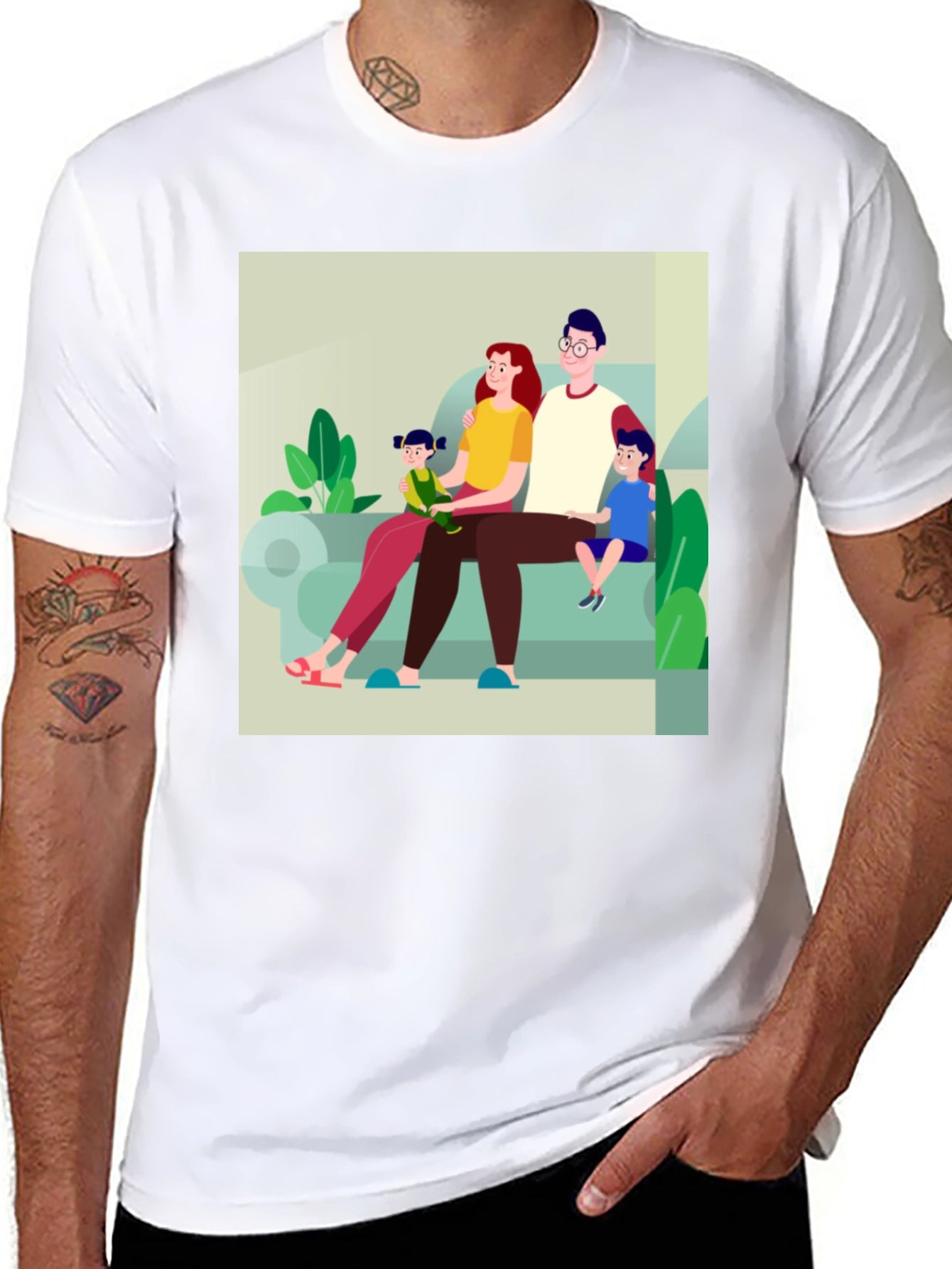 Family Cartoon Print Black T-Shirt