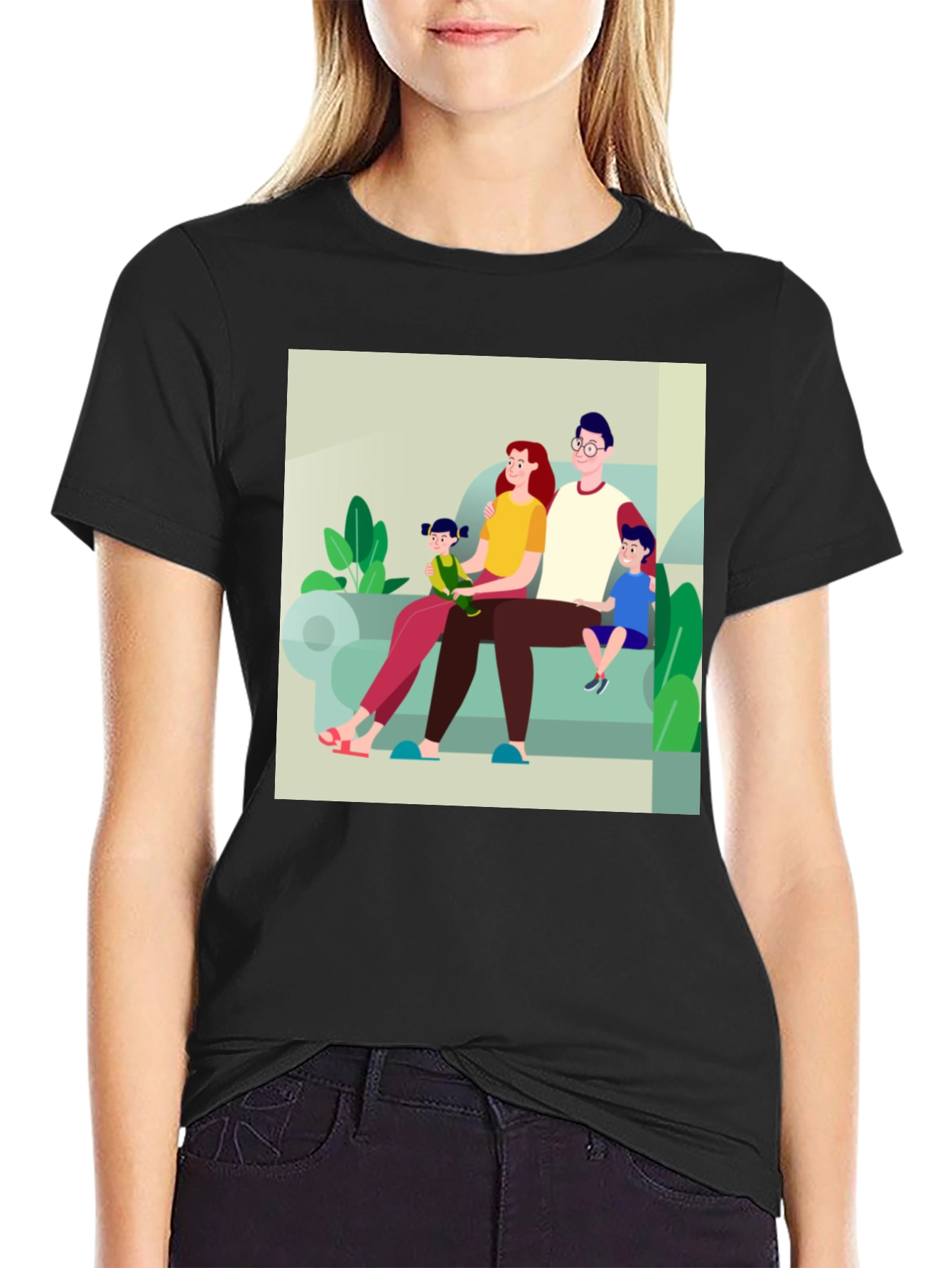Family Cartoon Print Black T-Shirt
