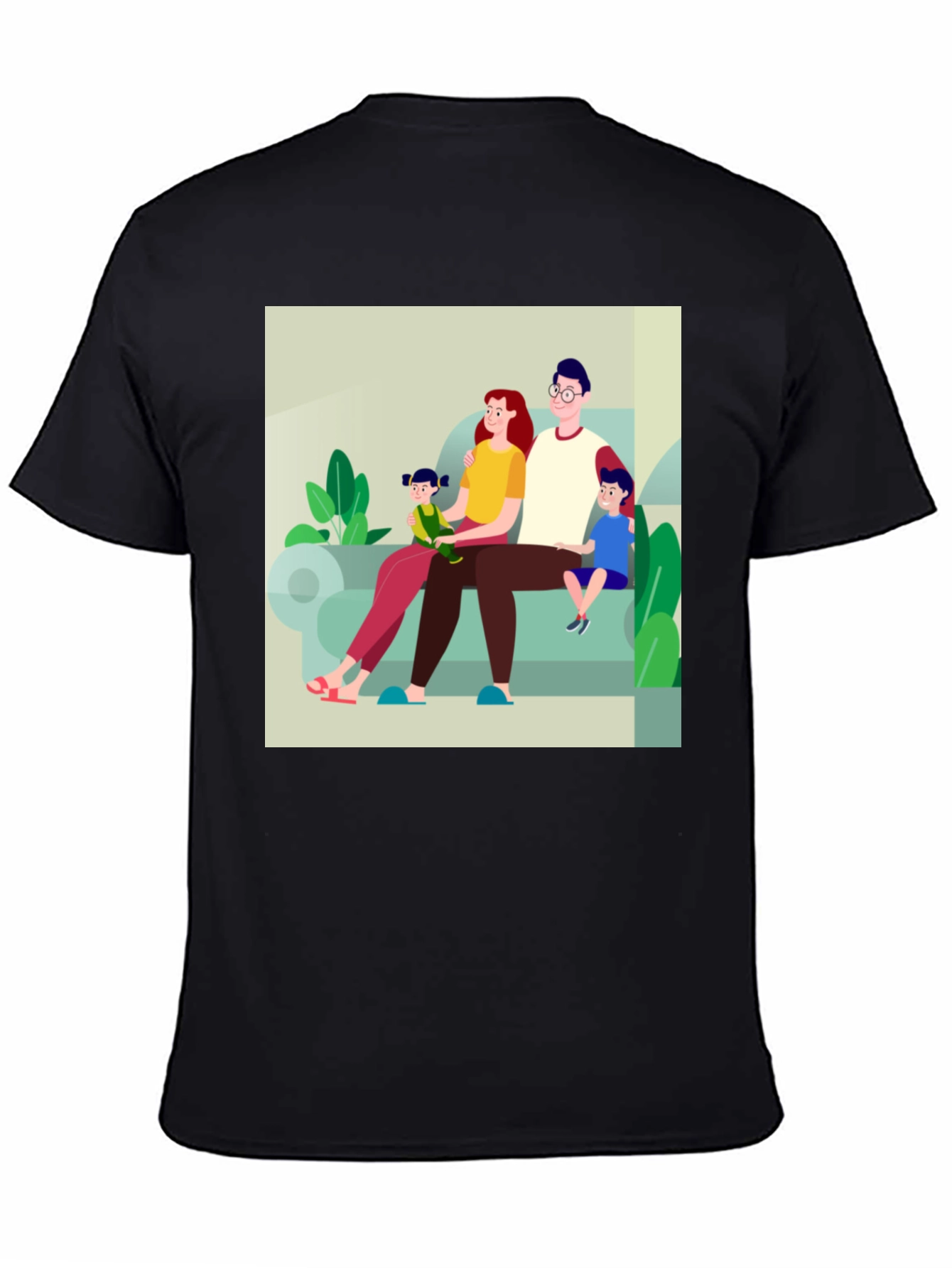 Family Cartoon Print Black T-Shirt