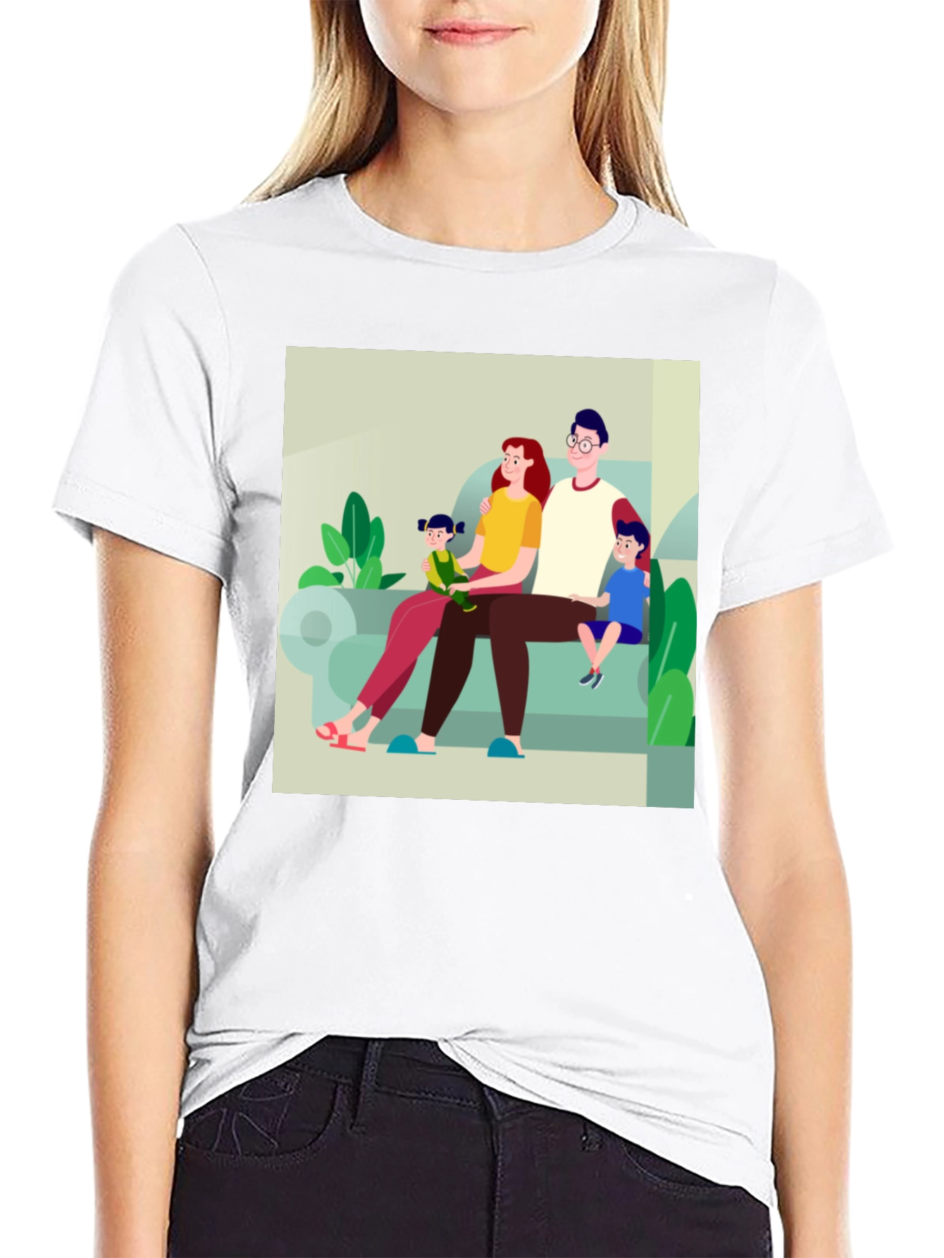 Family Cartoon Print Black T-Shirt