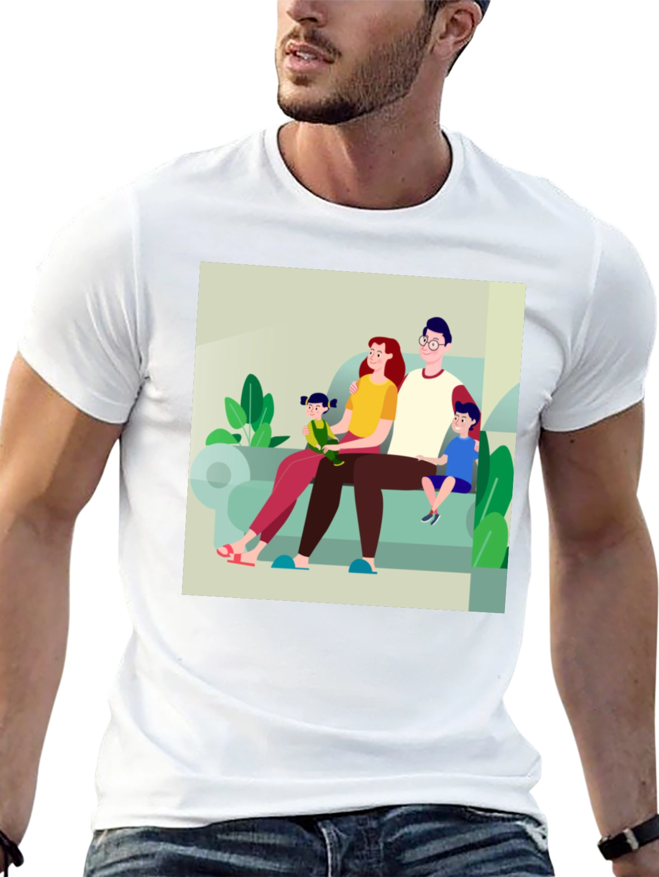 Family Cartoon Print Black T-Shirt