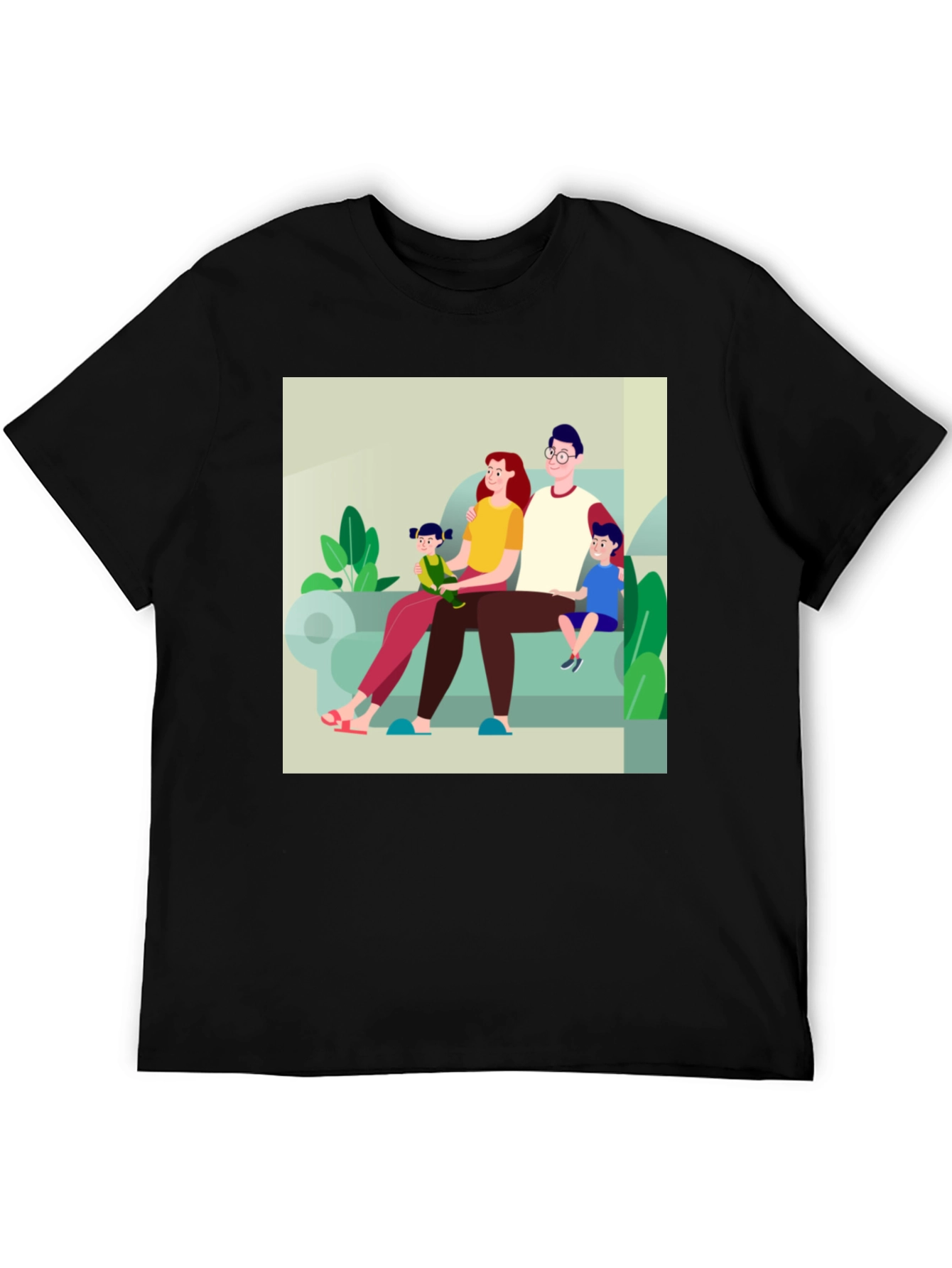 Family Cartoon Print Black T-Shirt