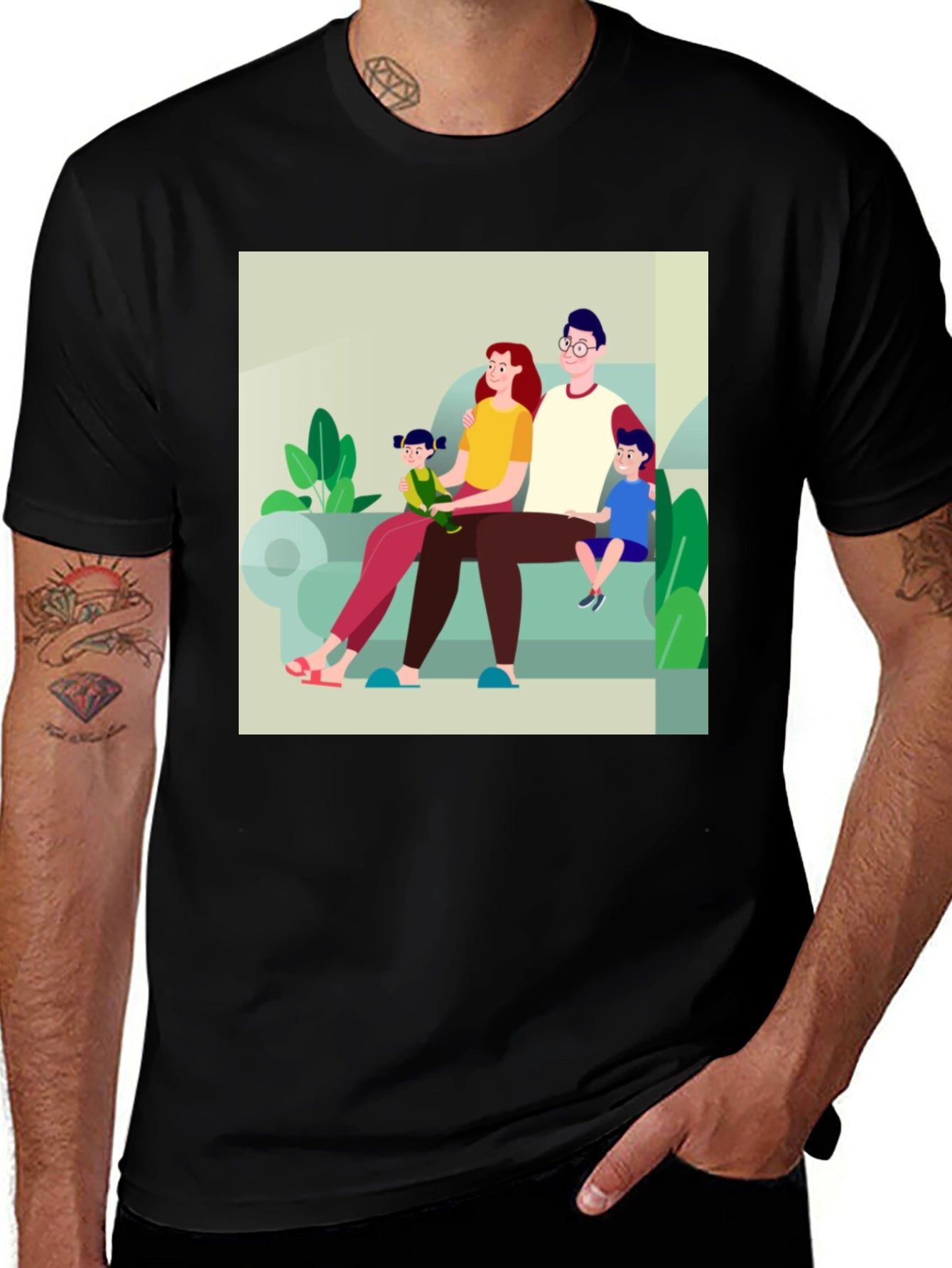Family Cartoon Print Black T-Shirt