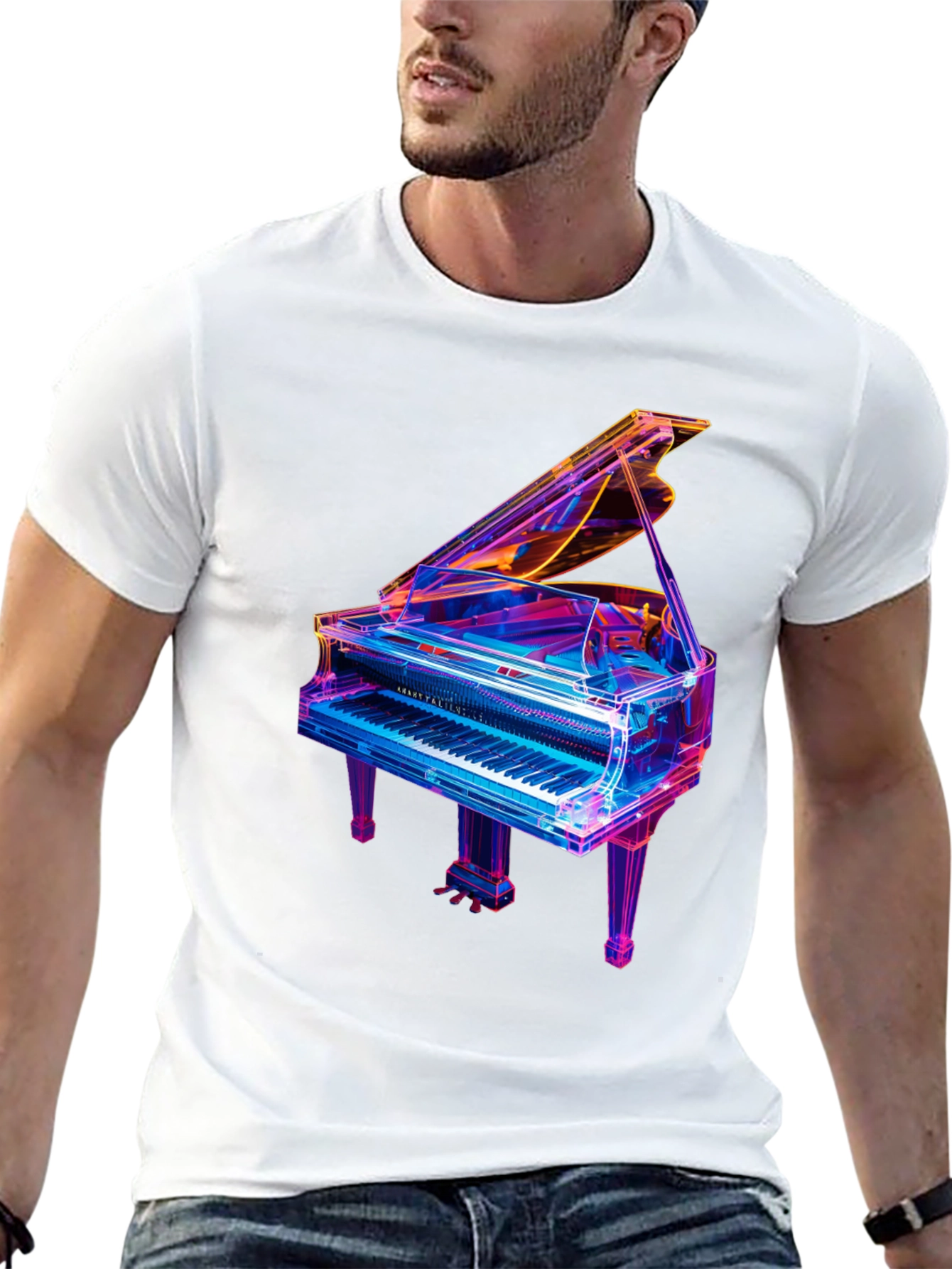 Neon Piano Graphic T-Shirt - Unique Music Lover Tee