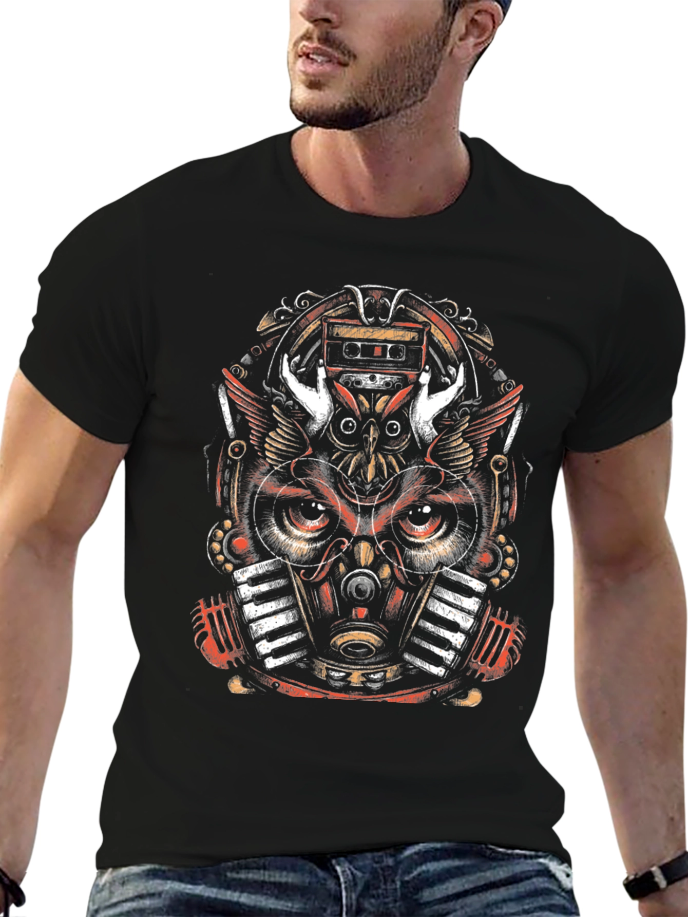 Steampunk Owl Music Lover Graphic Tee