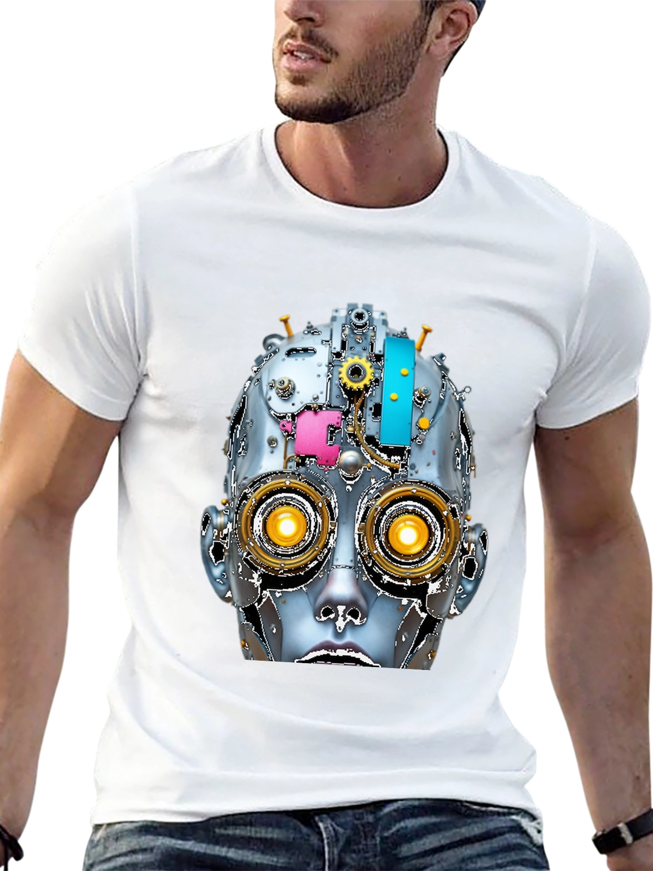 Steampunk Robot Head Graphic Tee - Unique Design