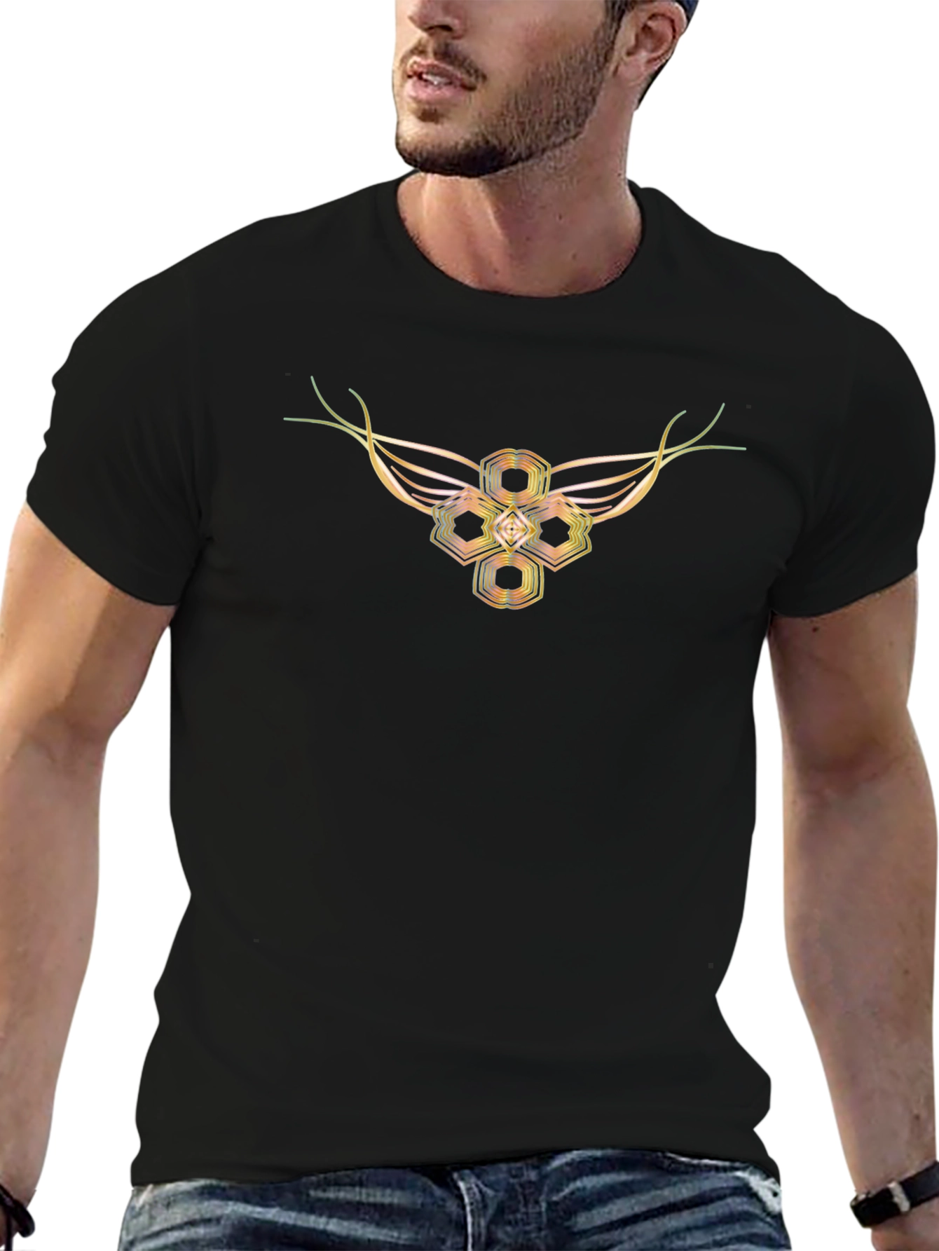 Abstract Geometric Winged Design Black T-Shirt
