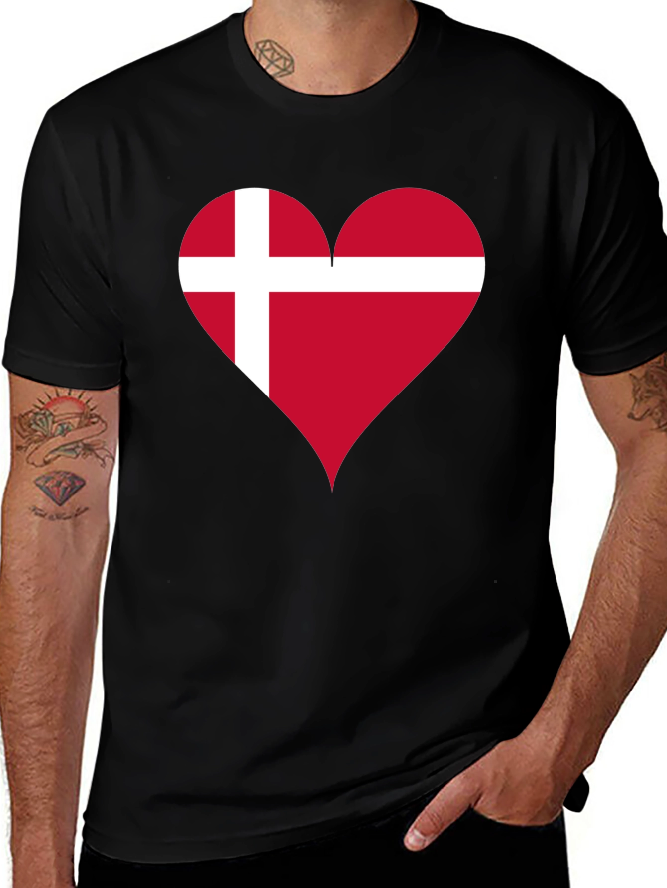 Denmark Flag Heart T-Shirt - Black Crew Neck Tee