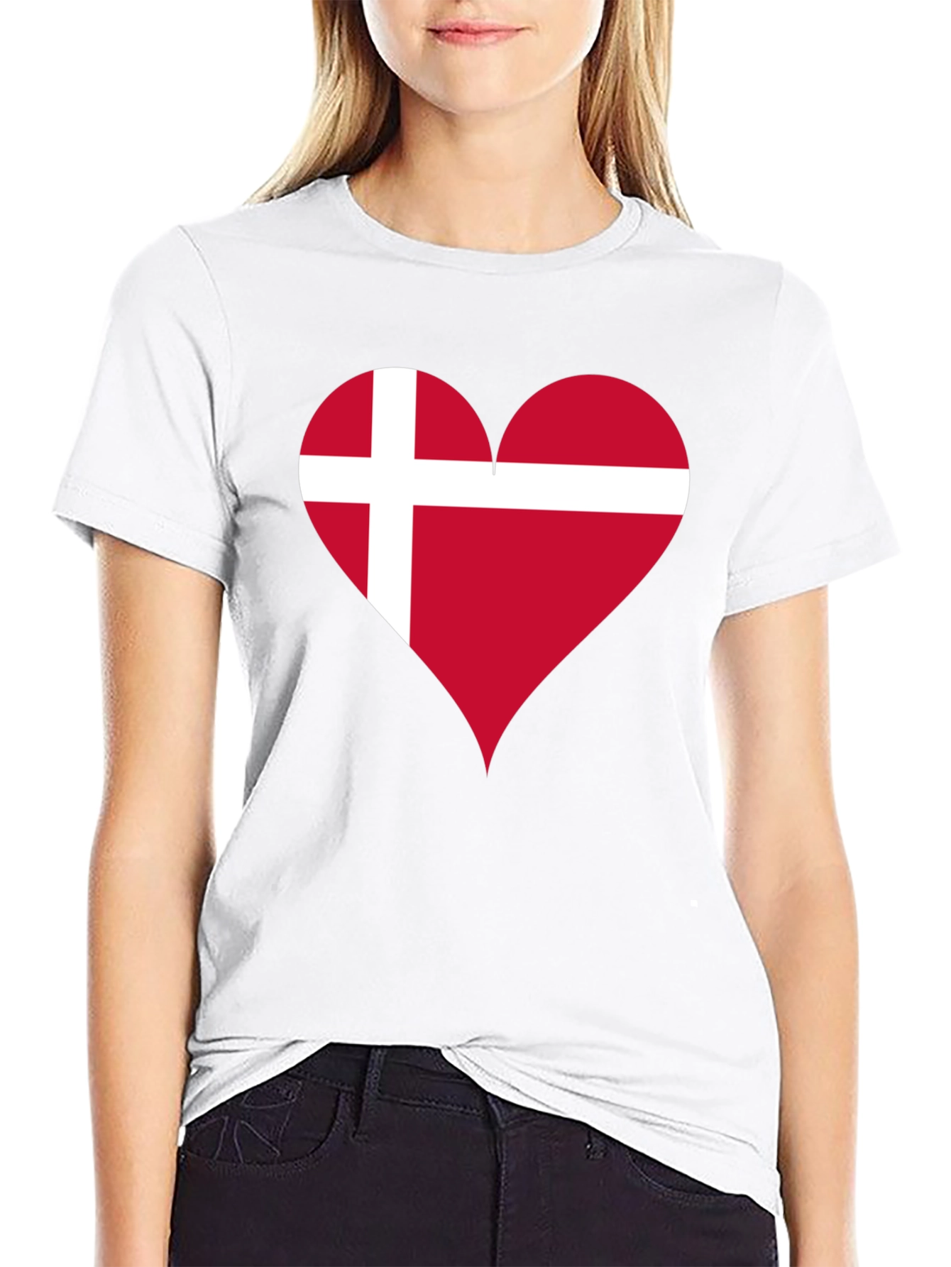 Denmark Flag Heart T-Shirt - Black Crew Neck Tee