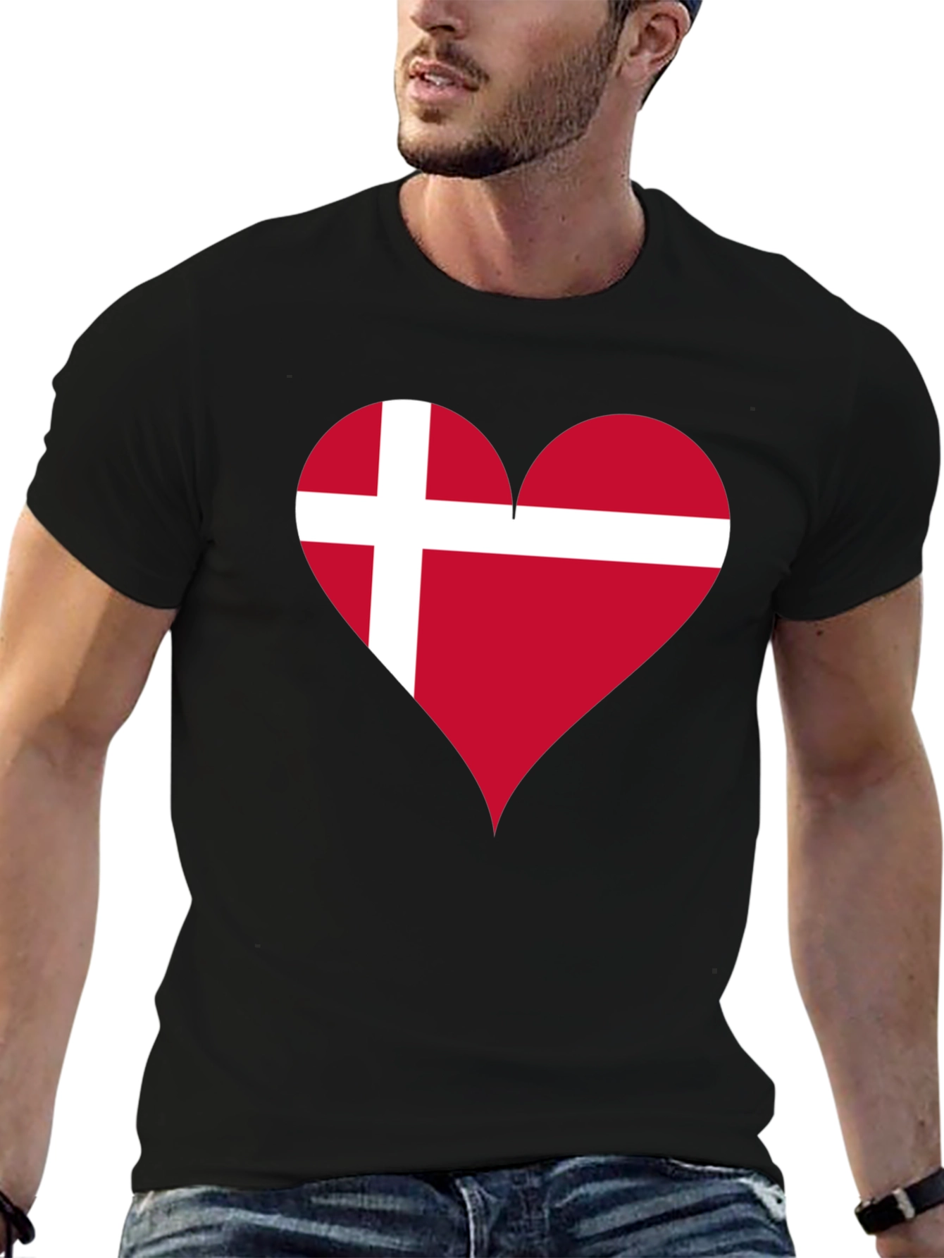 Denmark Flag Heart T-Shirt - Black Crew Neck Tee