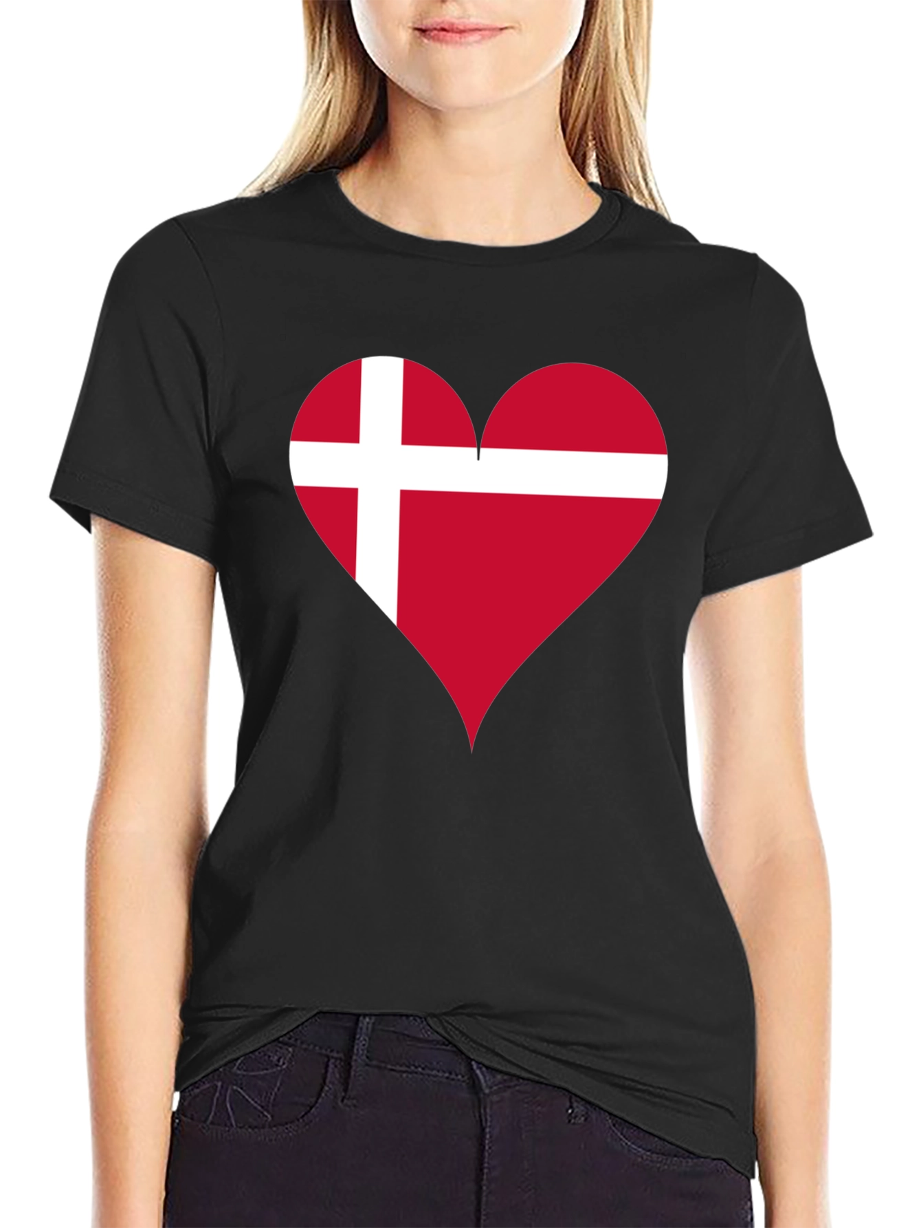 Denmark Flag Heart T-Shirt - Black Crew Neck Tee