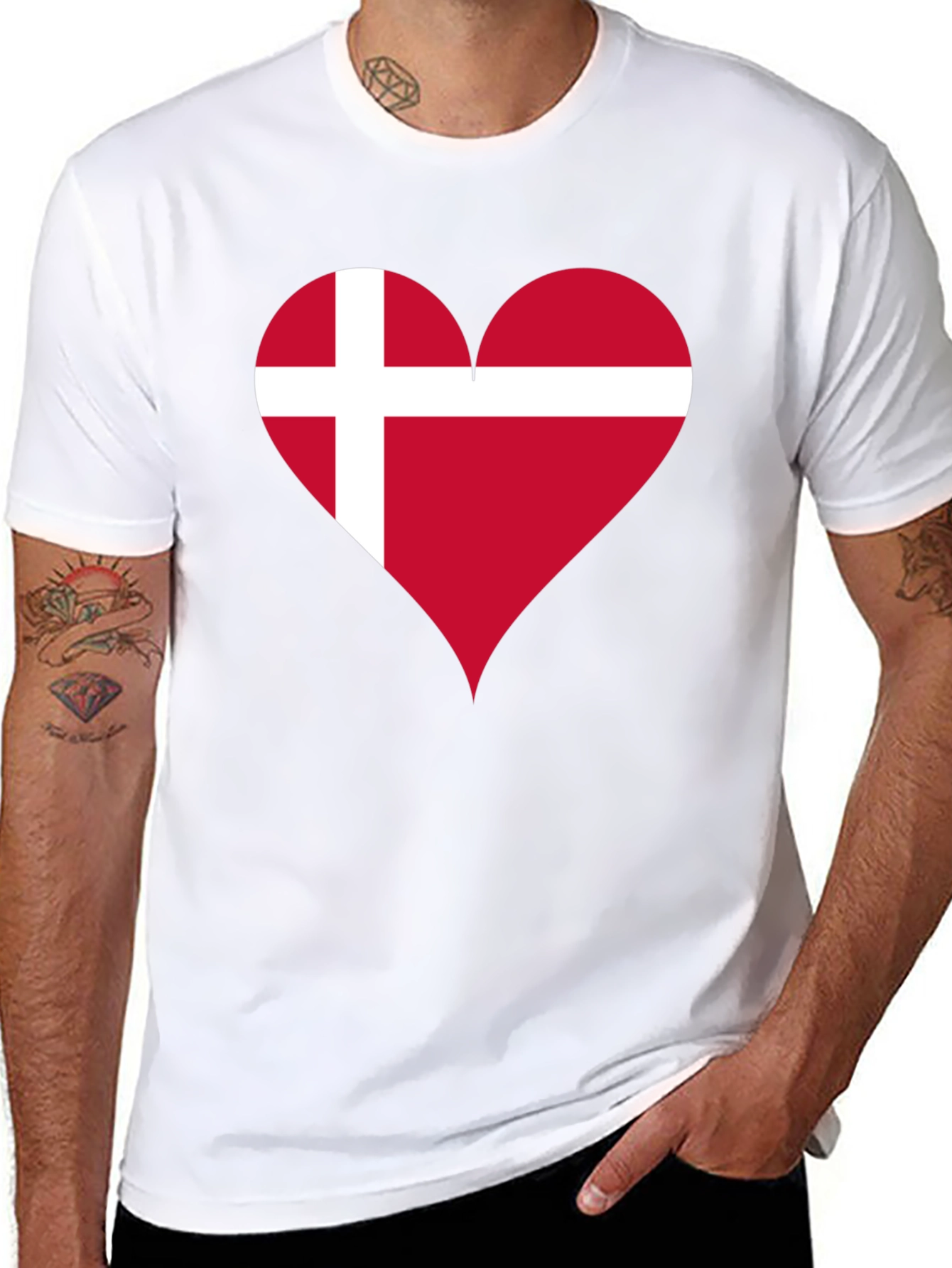 Denmark Flag Heart T-Shirt - Black Crew Neck Tee