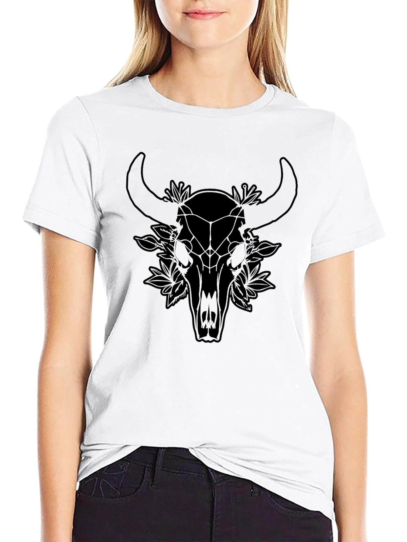 Geometric Bull Skull Graphic Tee - Black Unisex T-Shirt