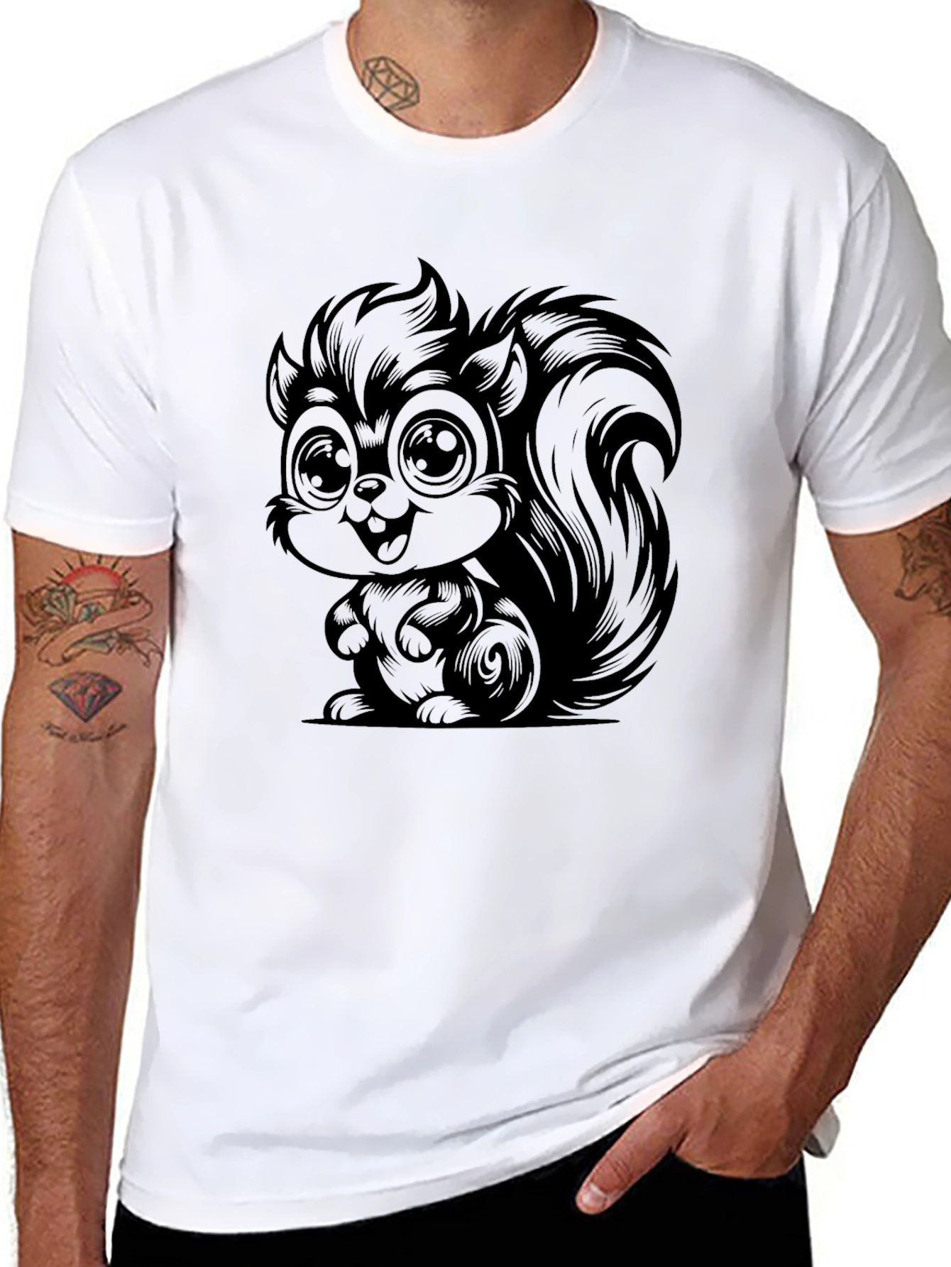 Cartoon Squirrel Graphic Tee - Soft Black Cotton T-Shirt