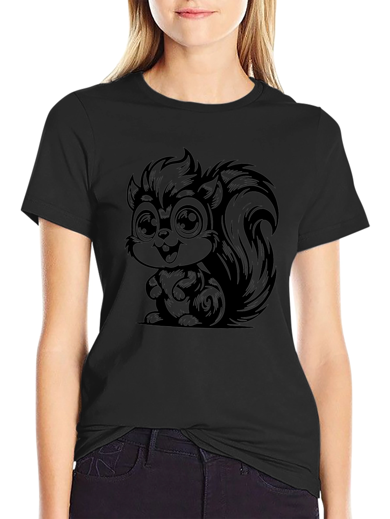 Cartoon Squirrel Graphic Tee - Soft Black Cotton T-Shirt
