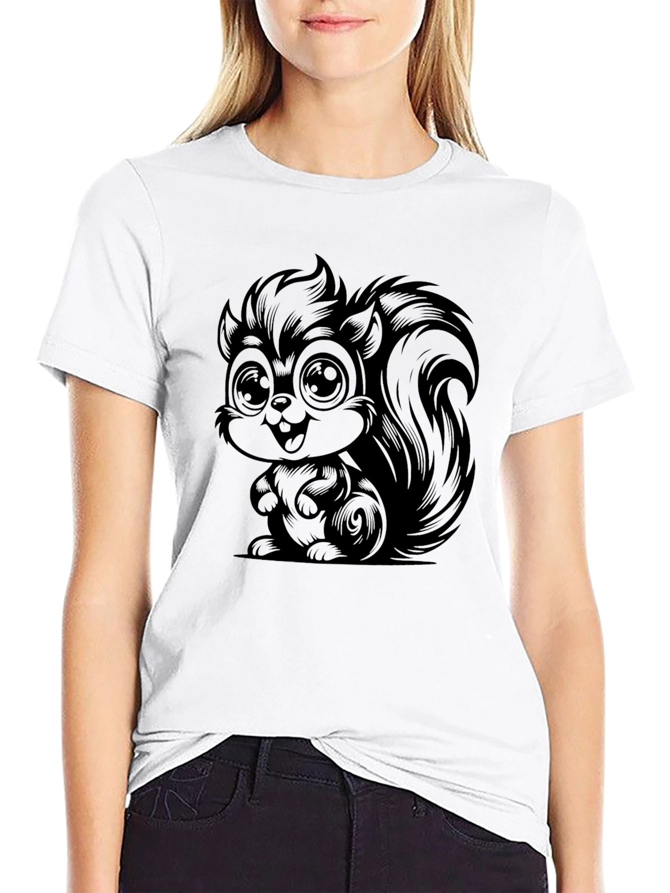 Cartoon Squirrel Graphic Tee - Soft Black Cotton T-Shirt