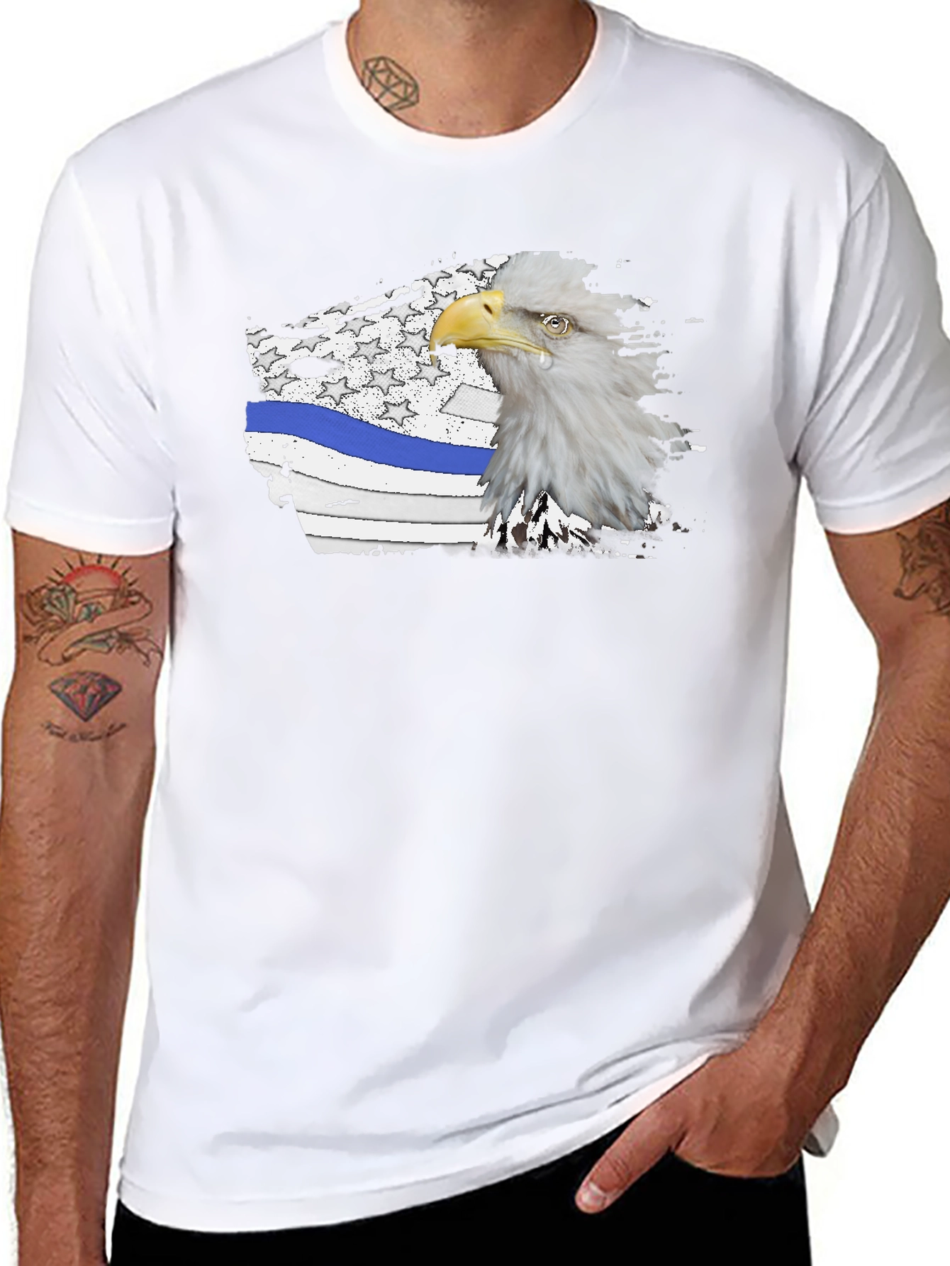 Bald Eagle Thin Blue Line American Flag Graphic T-Shirt