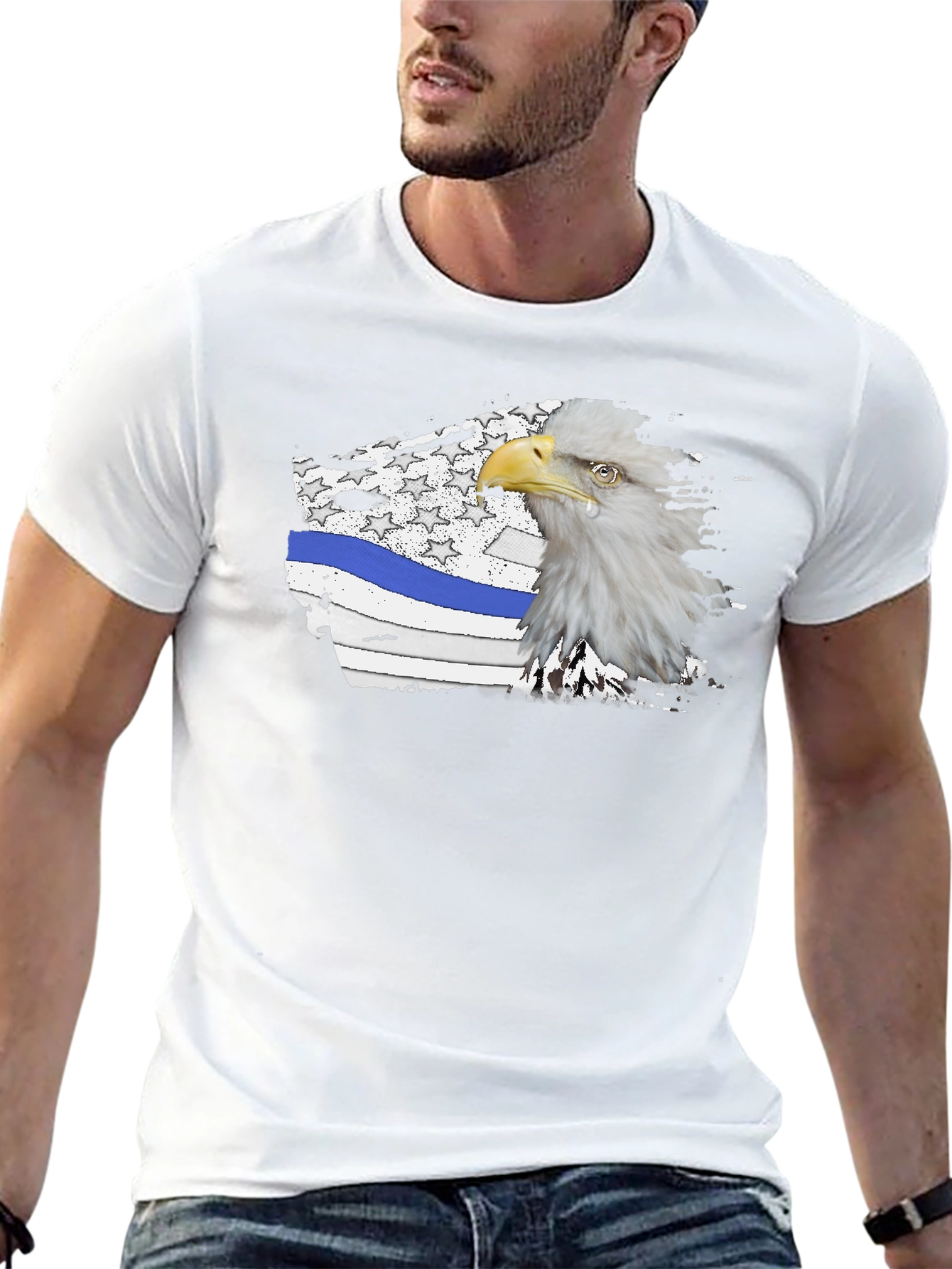 Bald Eagle Thin Blue Line American Flag Graphic T-Shirt