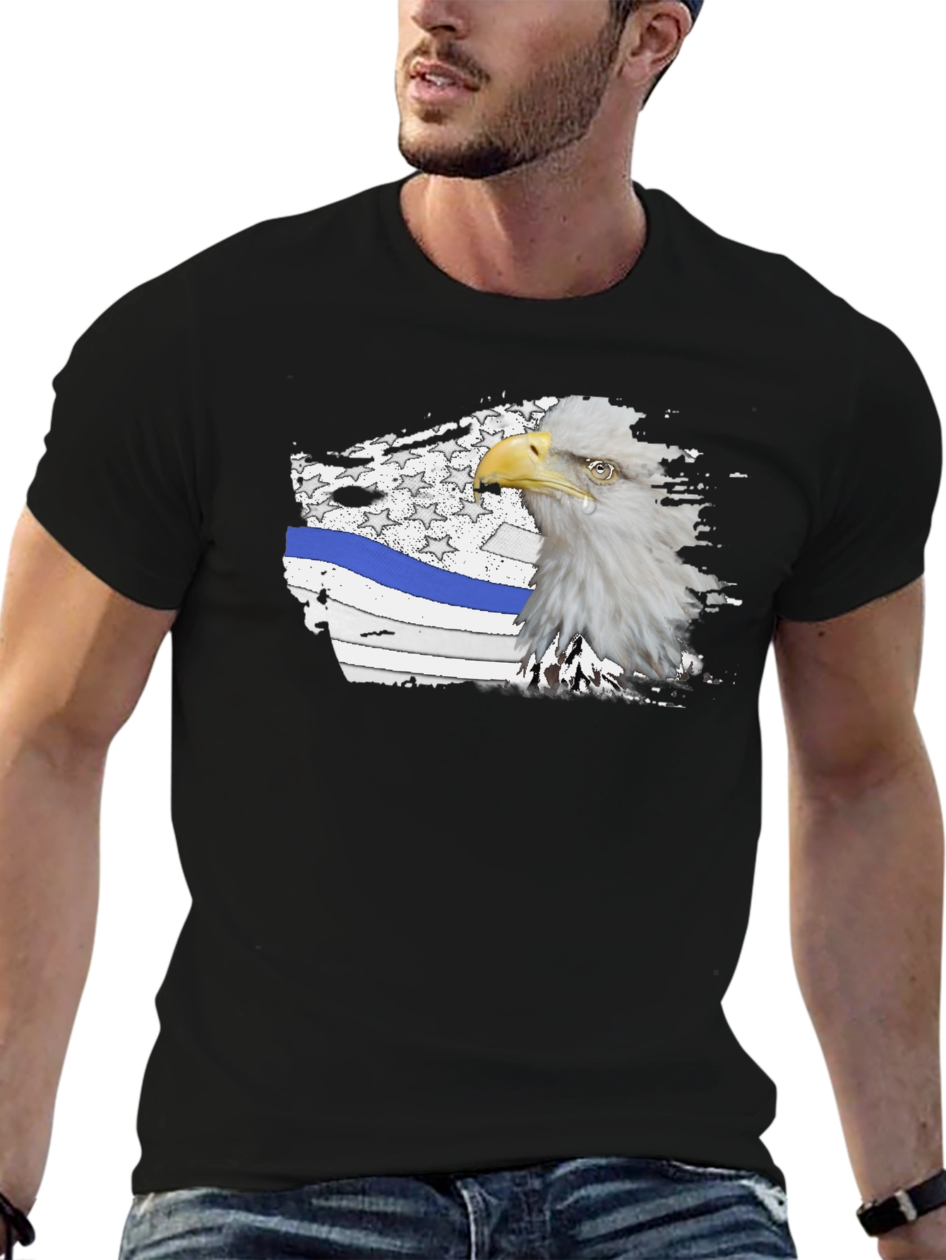 Bald Eagle Thin Blue Line American Flag Graphic T-Shirt